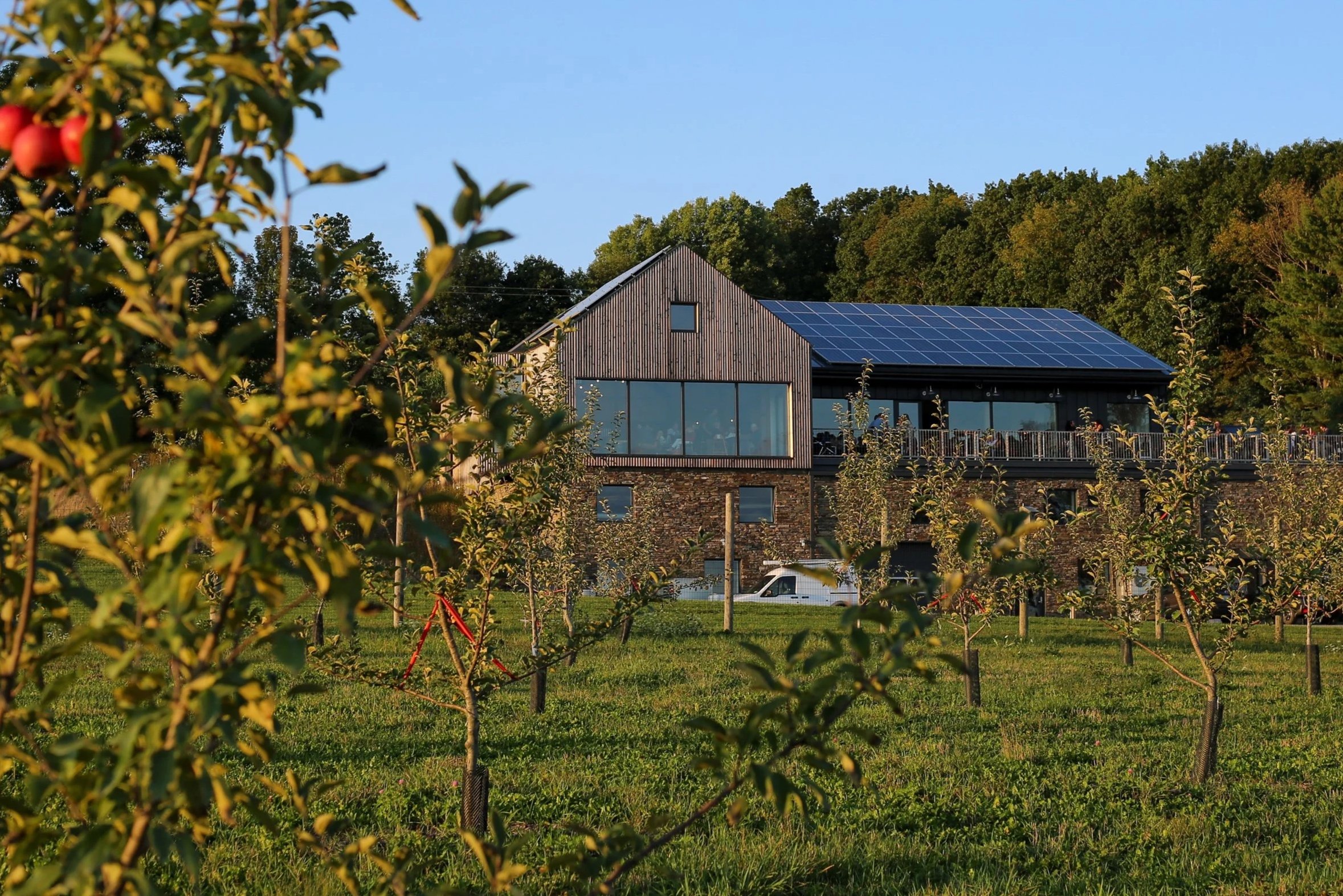 Modern house with solar panels on the roof, overlooking an orchard with young trees and a green lawn, on a sunny day.