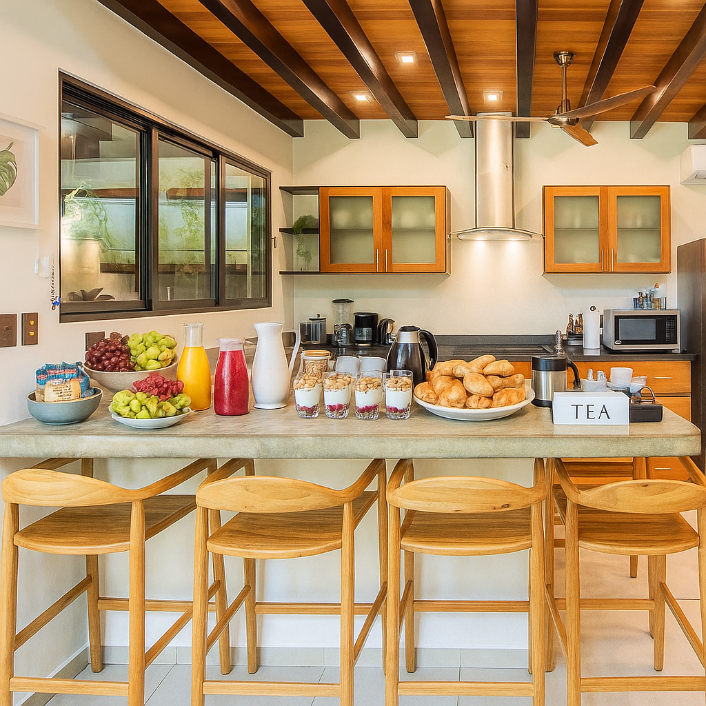 Breakfast setup on a kitchen island with fruits, yogurt parfaits, croissants, and a tea sign, with wooden stools in front and a modern kitchen in the background.