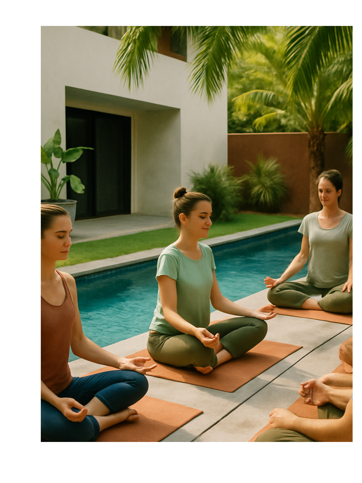 Group of women practicing yoga outdoors near a pool, sitting on mats in seated meditation poses with closed eyes, surrounded by lush greenery.