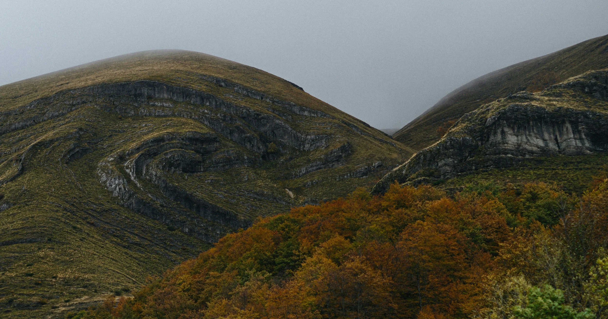 A mountain landscape with green, orange, and brown trees in the foreground and grey, rocky, and grassy hills in the background under a cloudy sky.