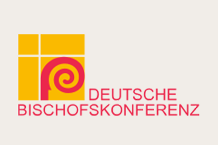Logo der Deutschen Bischofskonferenz mit gelbem Kreuz und rotem Spiralmotiv