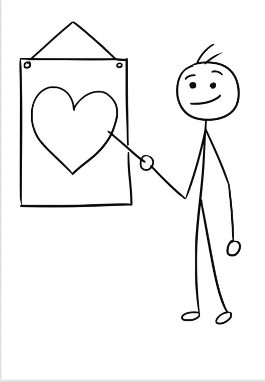 Simple stick figure drawing of a person pointing at a heart on a poster or board.