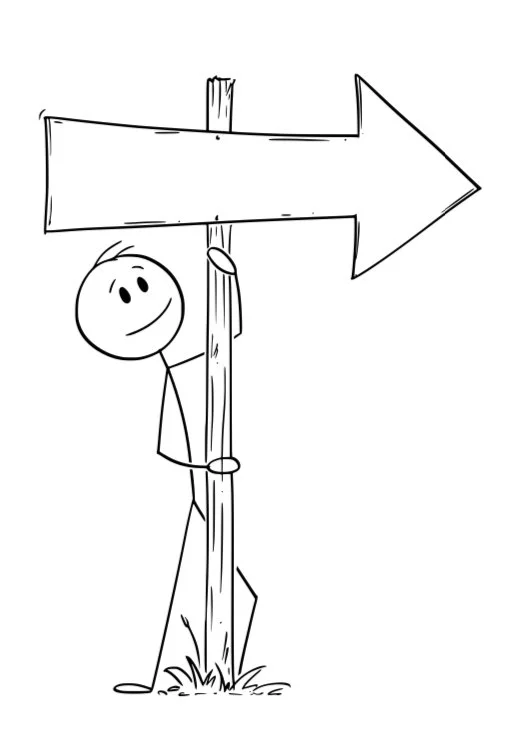 Smiling stick figure person hugging a wooden signpost with a large arrow pointing to the right.