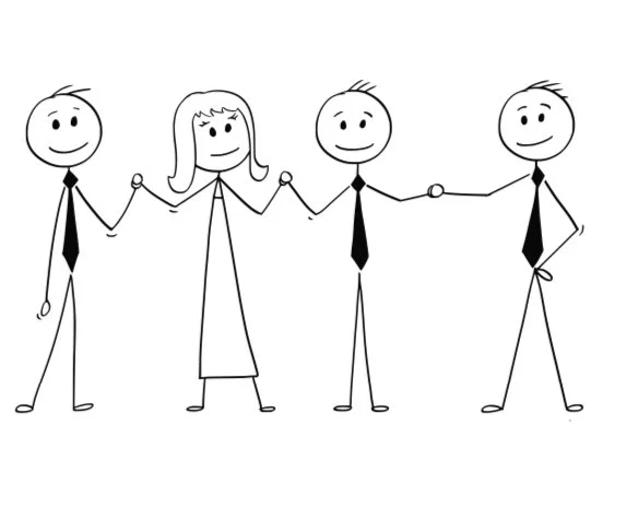 A black and white cartoon drawing of four happy stick figure people holding hands, with three men and one woman in the middle.
