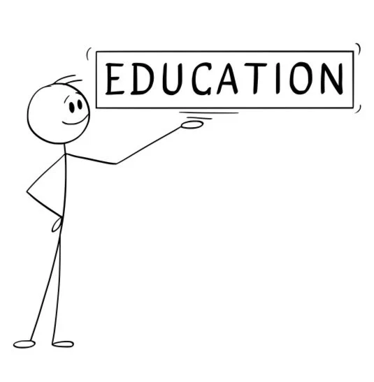 A stick figure person smiling and pointing at a sign with the word 'EDUCATION' written on it.