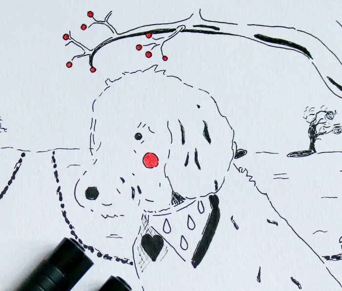 Dog wearing a bandana under a tree pen drawing