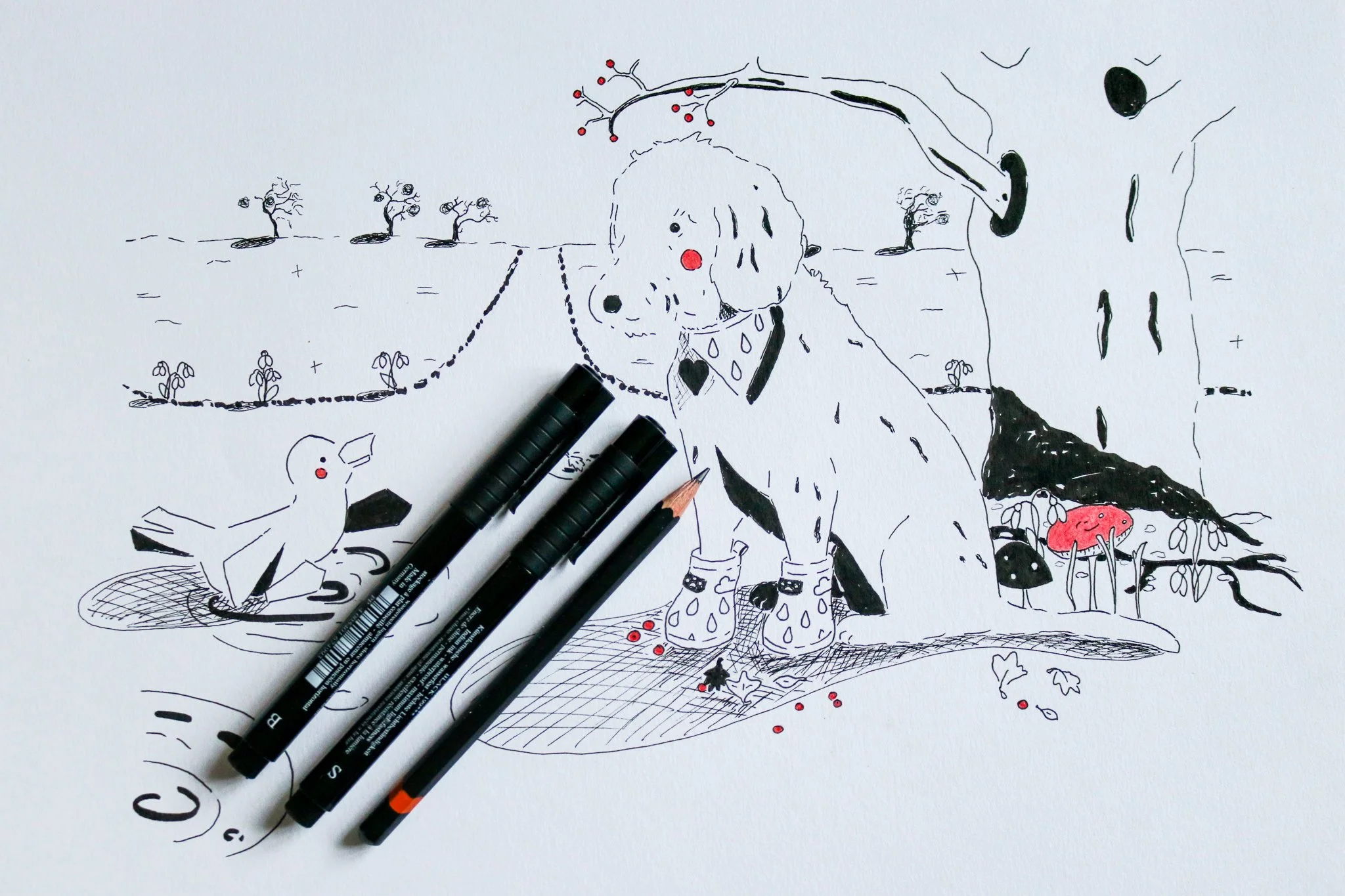 Illustration in black and red pen of a duck and a dog making friends