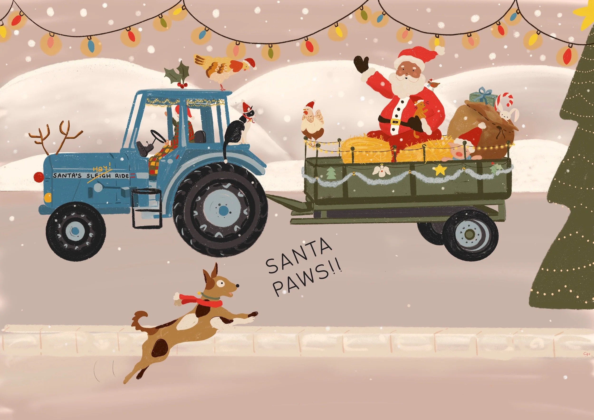 Father Christmas on a tractor trailer with animals