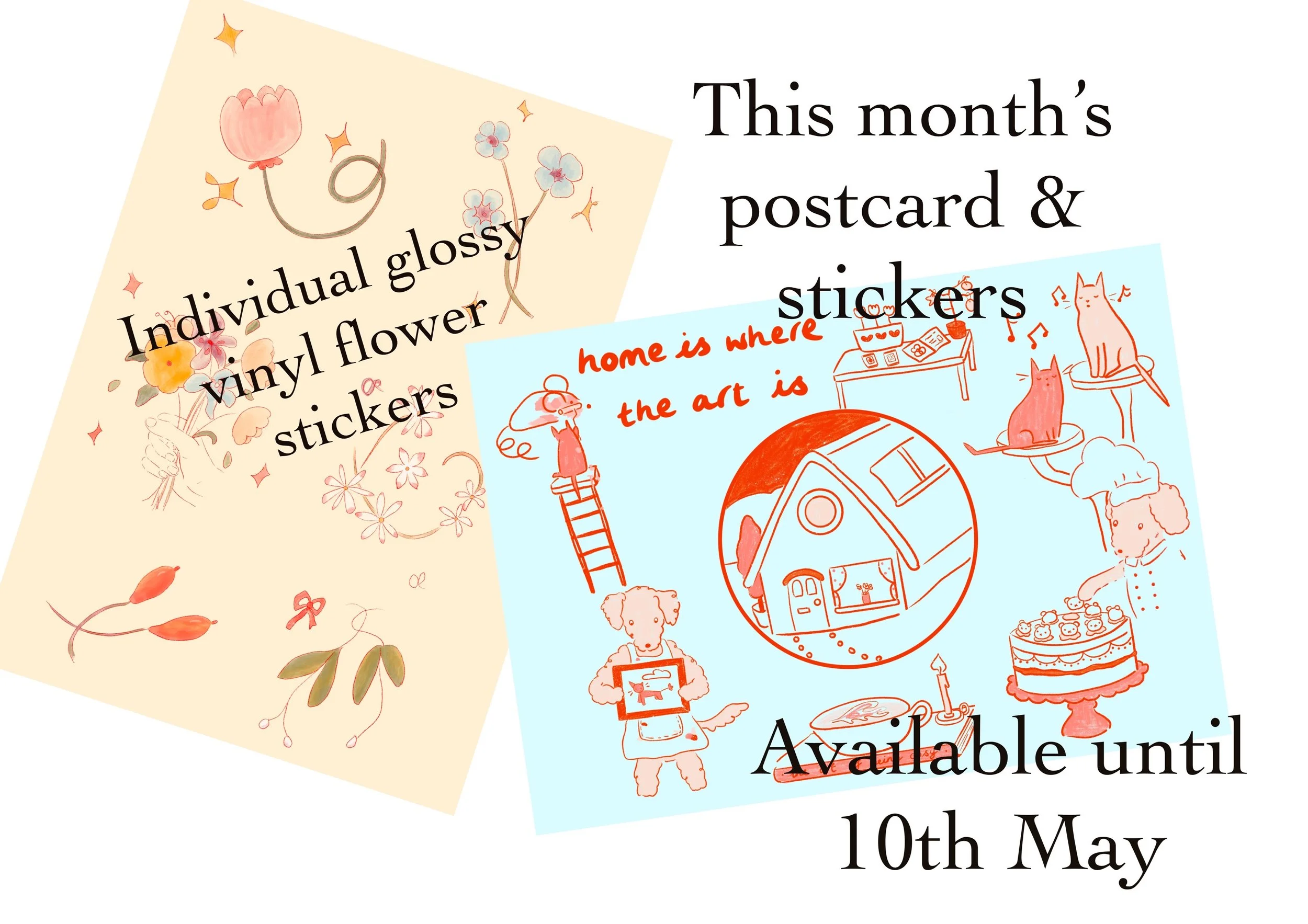 Artmail postcard and spring stickers.JPG