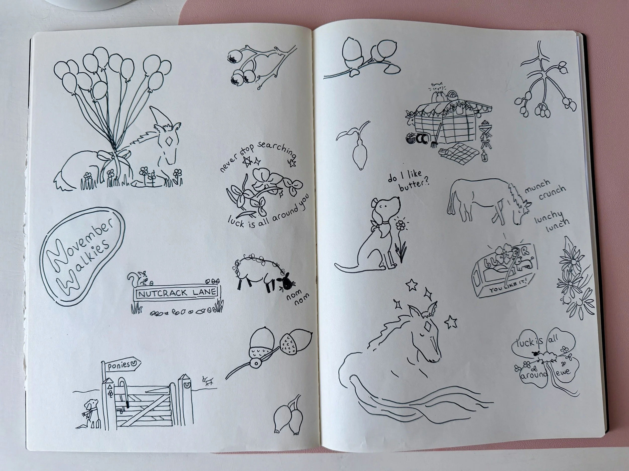 Sketchbook spread of doodles in black pen