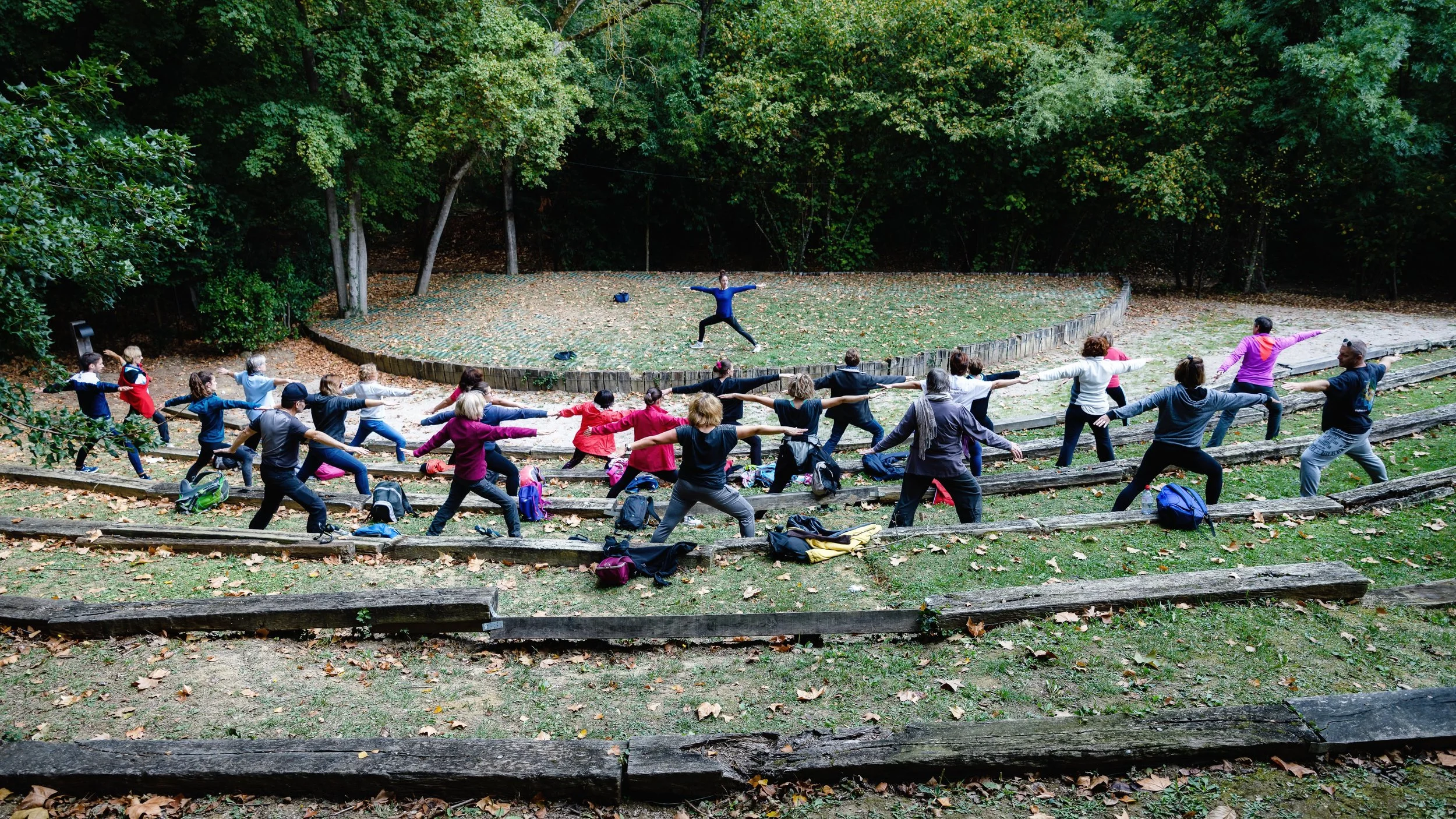 Groupe de personnes faisant du yoga dans un amphithéâtre naturel entouré d'arbres, avec un instructeur en haut sur une plateforme.