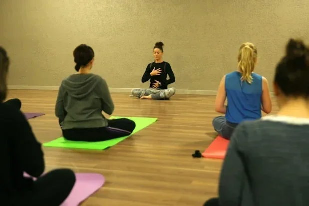 Groupe de personnes participant à une séance de yoga ou méditation, assises sur des tapis de yoga variés dans une salle intérieure.