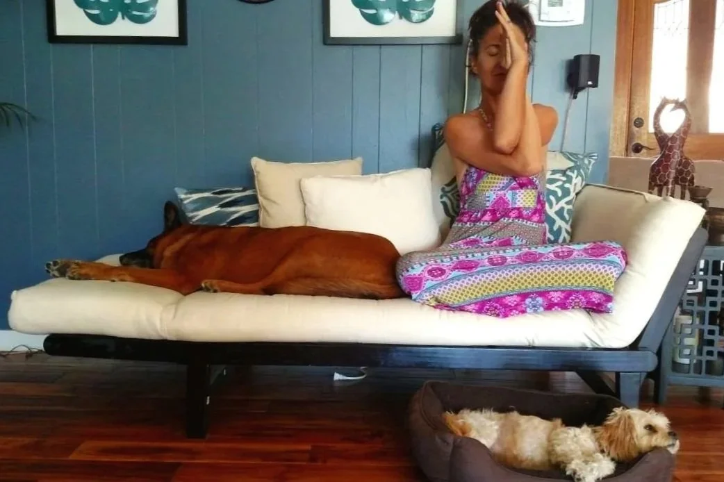 Une femme assise sur un canapé avec trois chiens, dont un allongé à ses côtés et deux dans un panier.