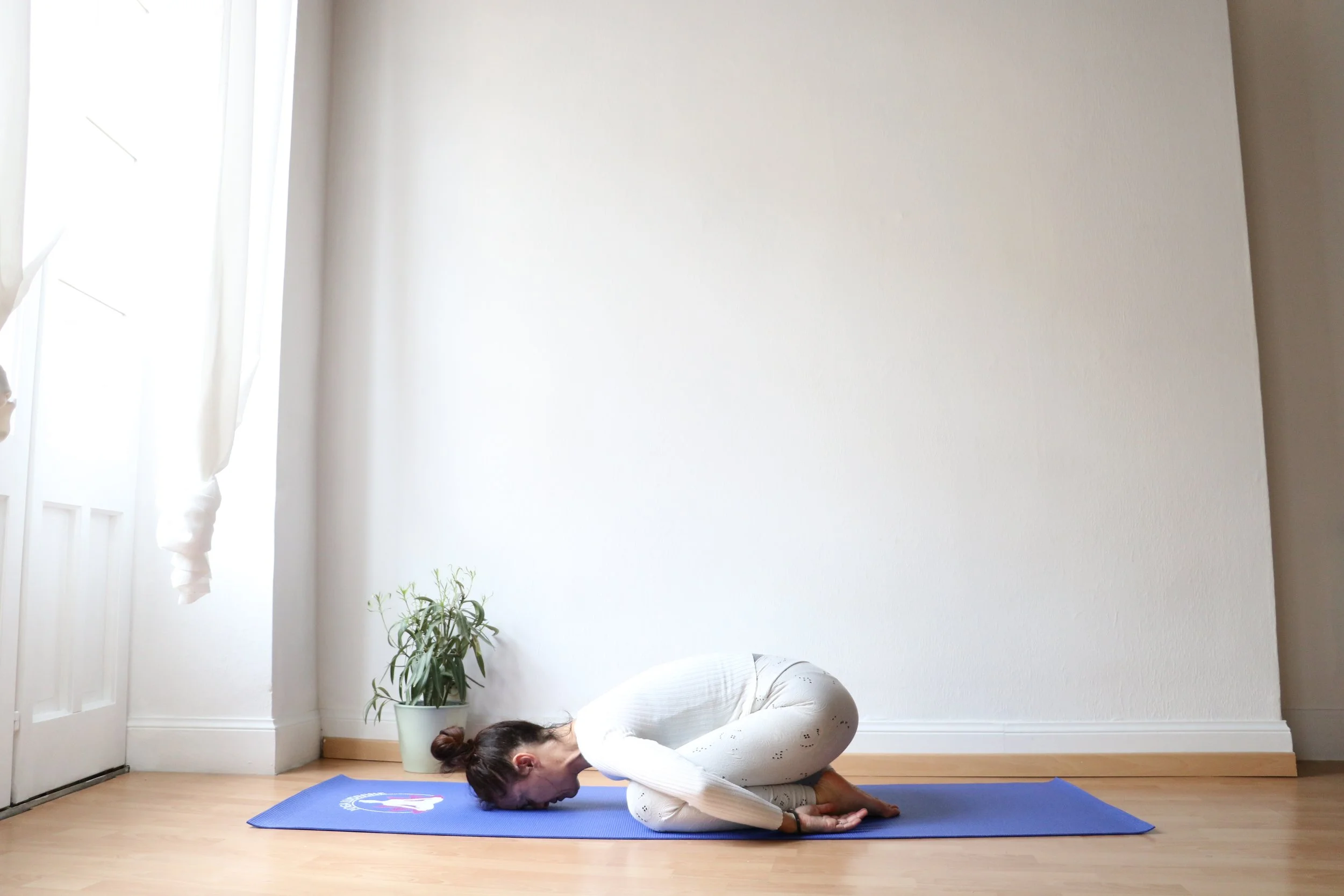 Femme en position de yoga dans une pièce lumineuse, avec une plante verte à côté et un tapis bleu.