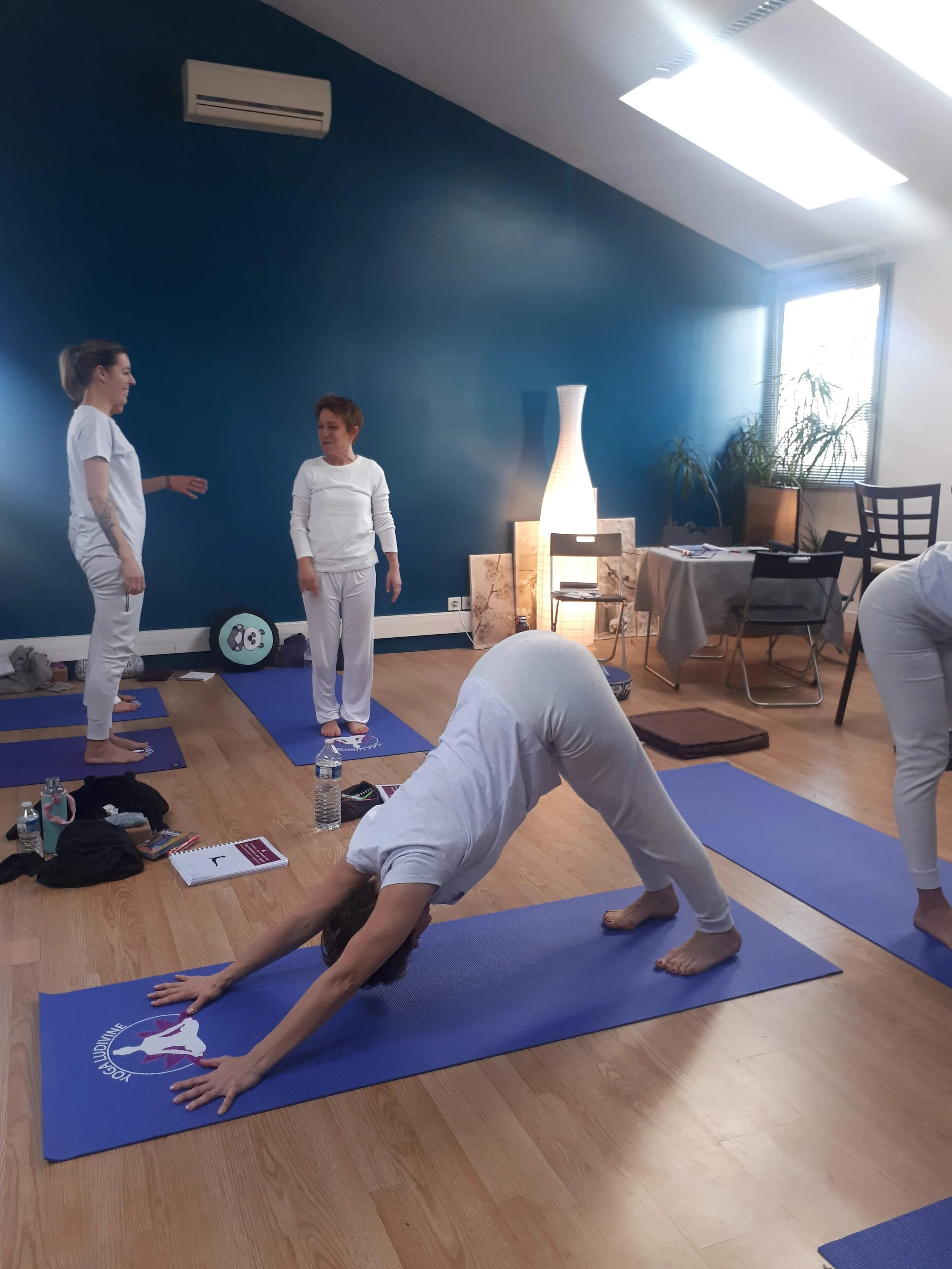 Groupe de personnes en tenue blanche pratiquant le yoga dans une salle bien éclairée avec une lampe sur pied et des plantes.