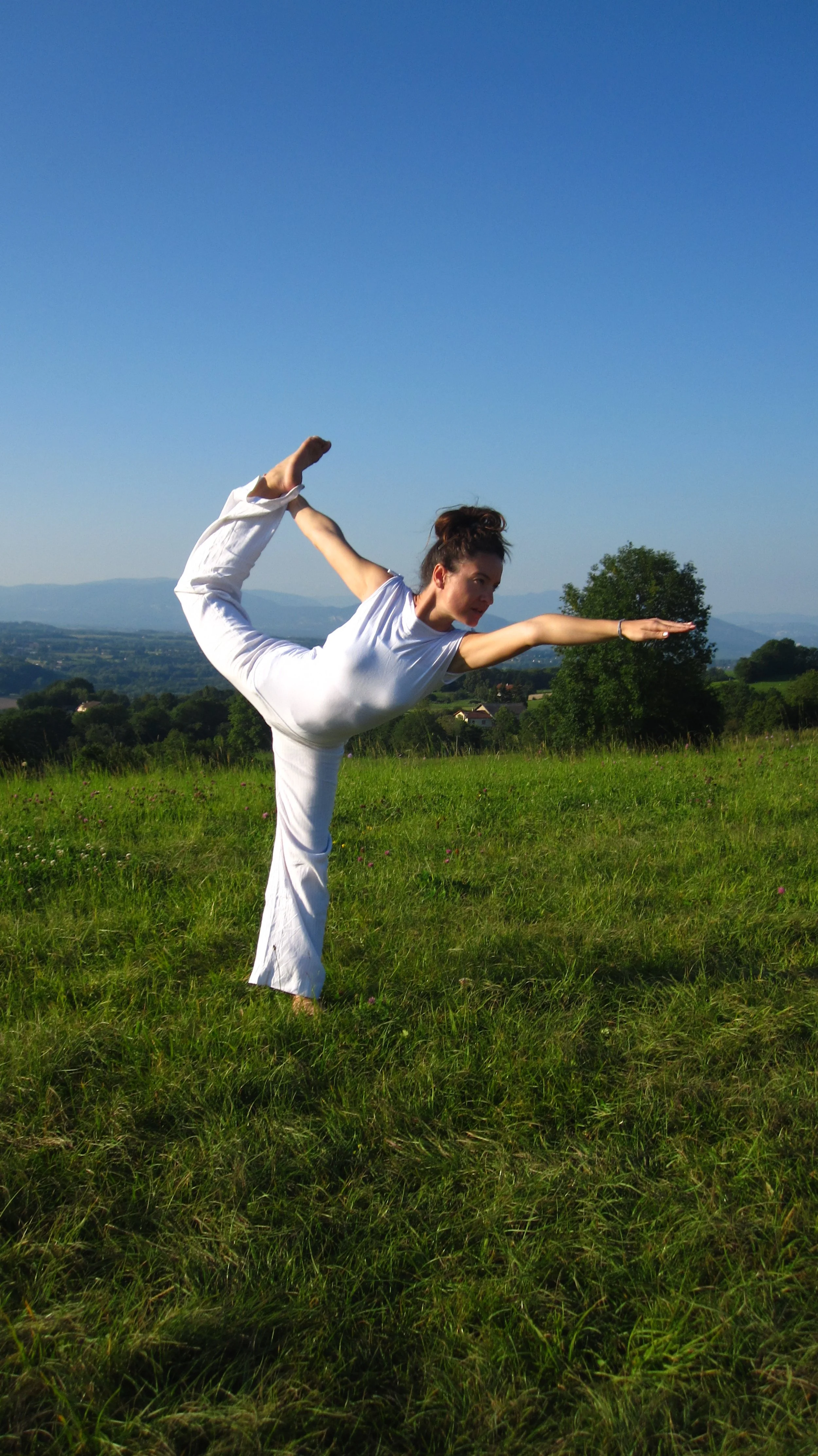 Une femme pratique le yoga dans un champ vert sous un ciel bleu clair.