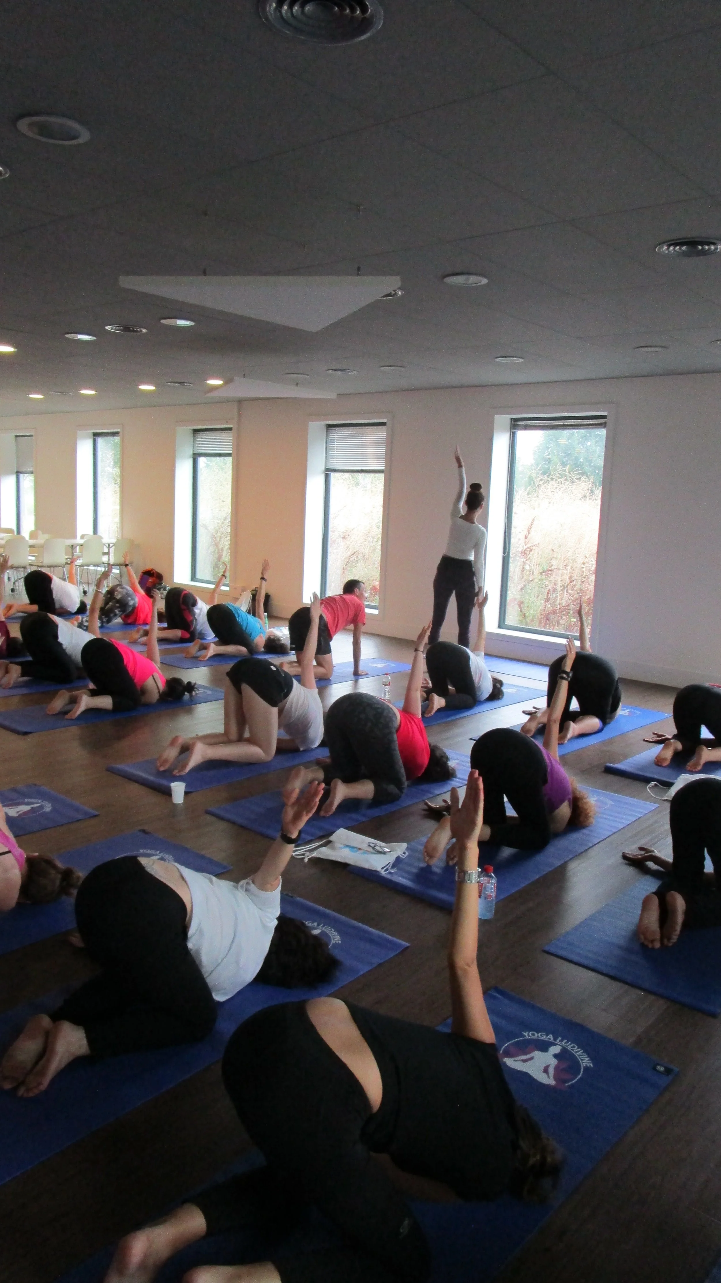 Cours de yoga avec un instructeur debout et plusieurs participantes en position de yoga sur des tapis bleus dans une salle bien éclairée.