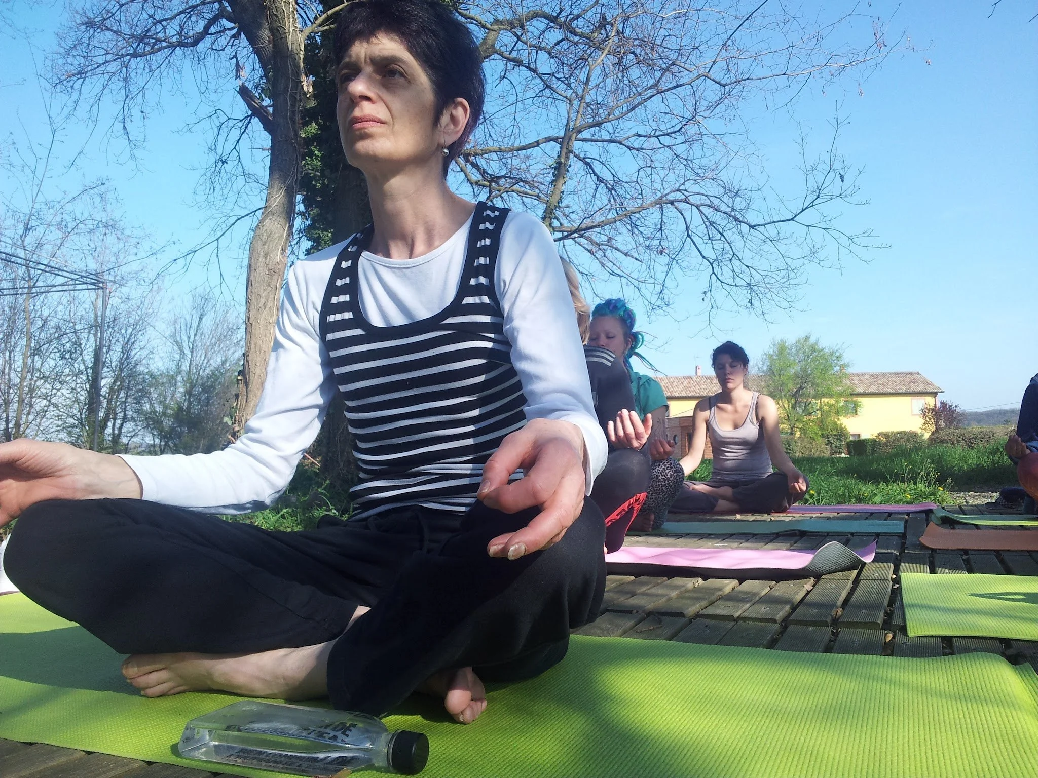 Groupe de personnes pratiquant la méditation en plein air sous un arbre, assises sur des tapis de yoga, par beau temps.
