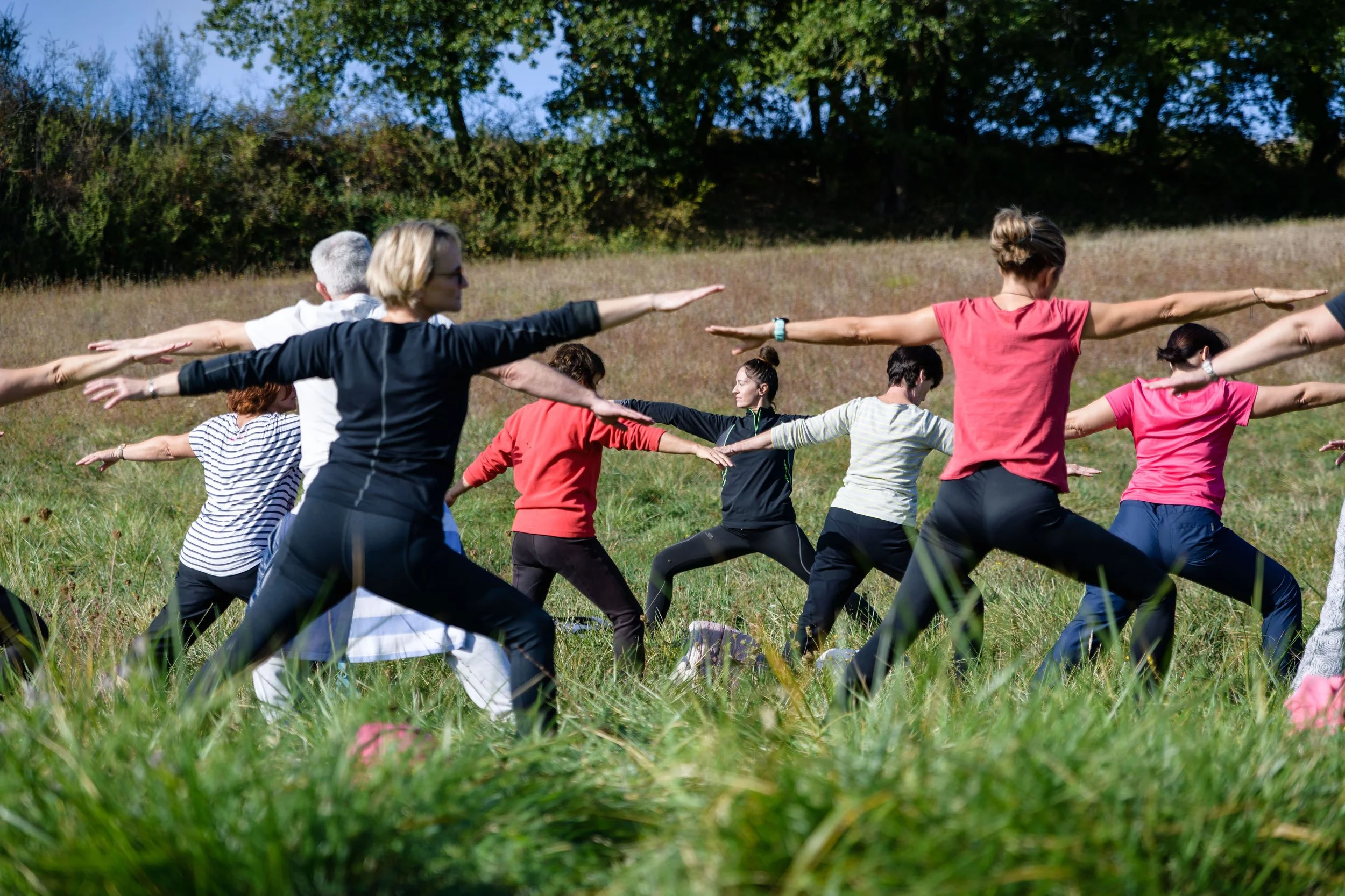 Groupe de personnes pratiquant le yoga en extérieur dans un champ, toutes en position d'étirement avec les bras étendus.