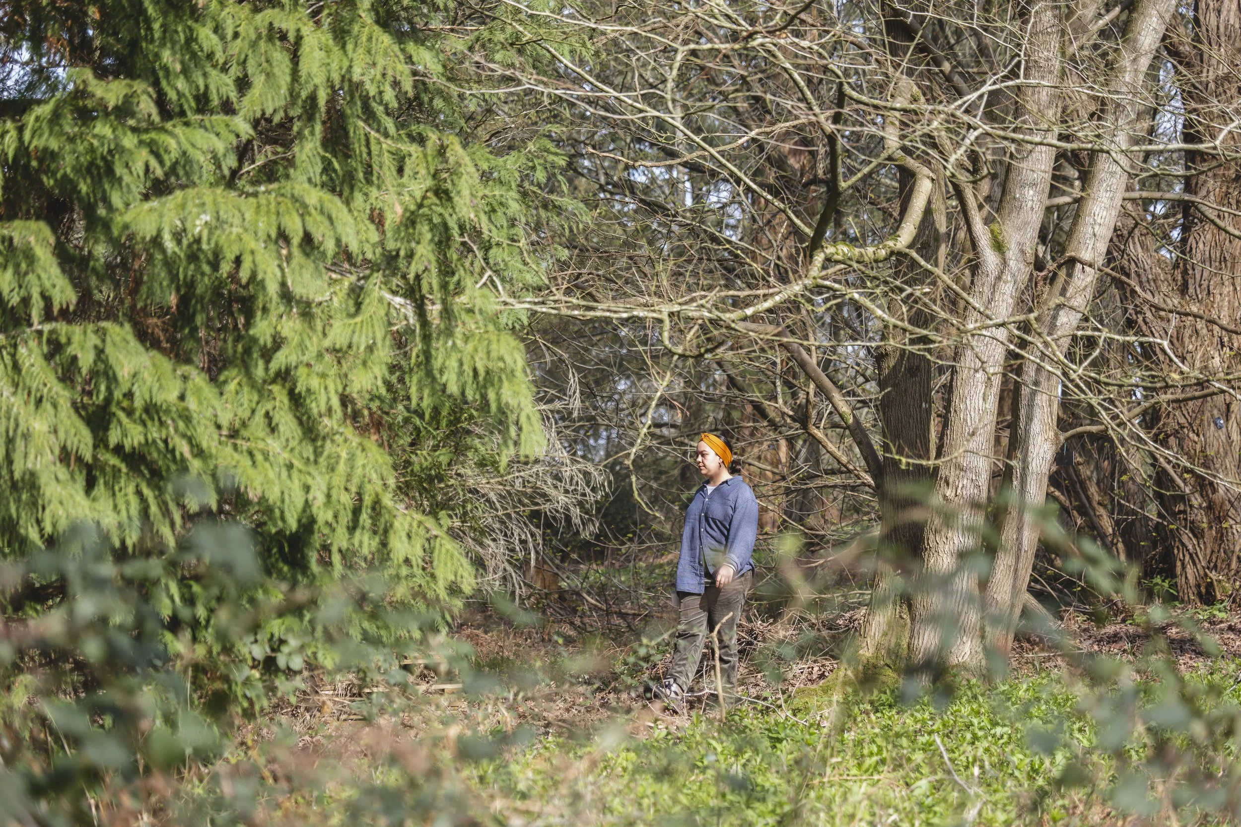 A woman with an orange headband and blue jacket walking through a wooded area with trees and greenery.