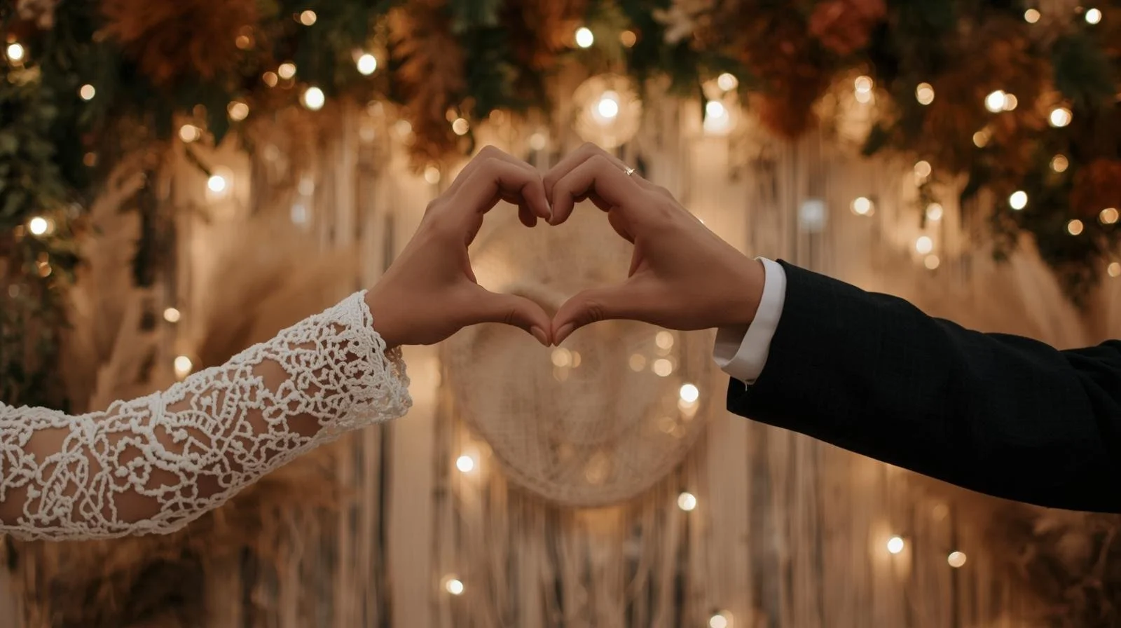 Bride and groom forming a heart shape with their hands in front of a romantic boho glam wedding backdrop with string lights and greenery.