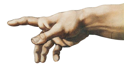 Detail eines Gemäldes, das eine menschliche Hand zeigt, die Zeigefinger und Mittelfinger ausgestreckt sind.