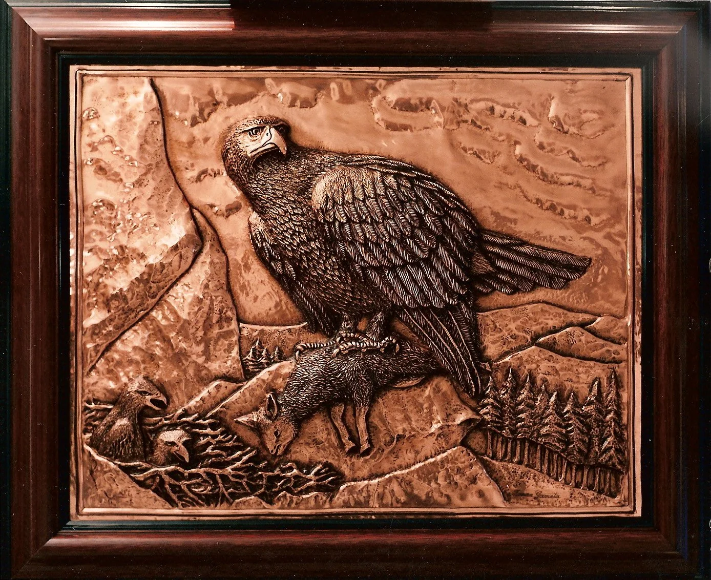 Gemälde aus Kupfer, Adler krallt Wolf