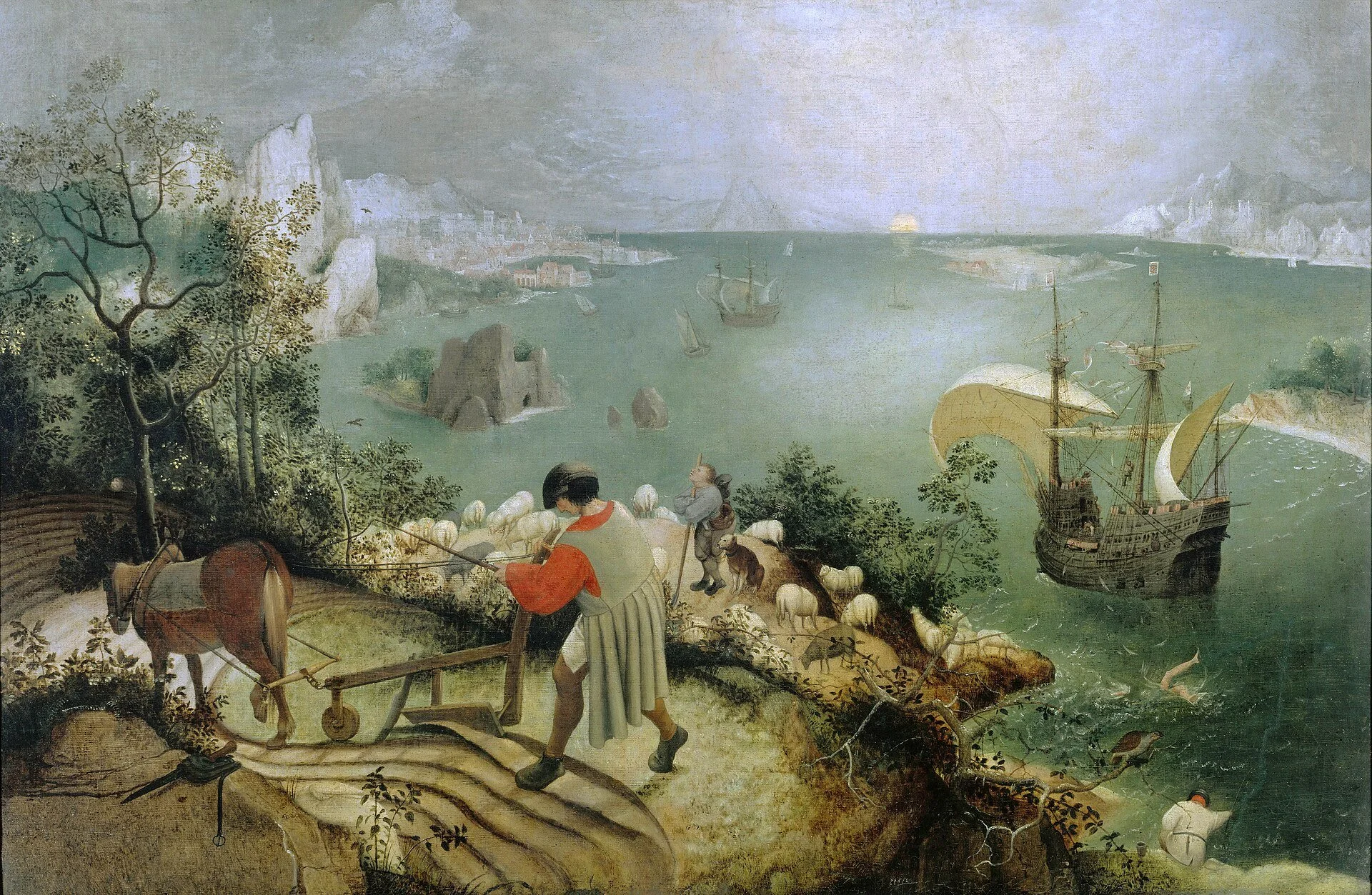 Ein gemälde mit Blick auf einen Hafen mit Segelschiffen, eine Küstenstadt im Hintergrund und zwei Menschen im Vordergrund, einer mit einer Herde Schafe.