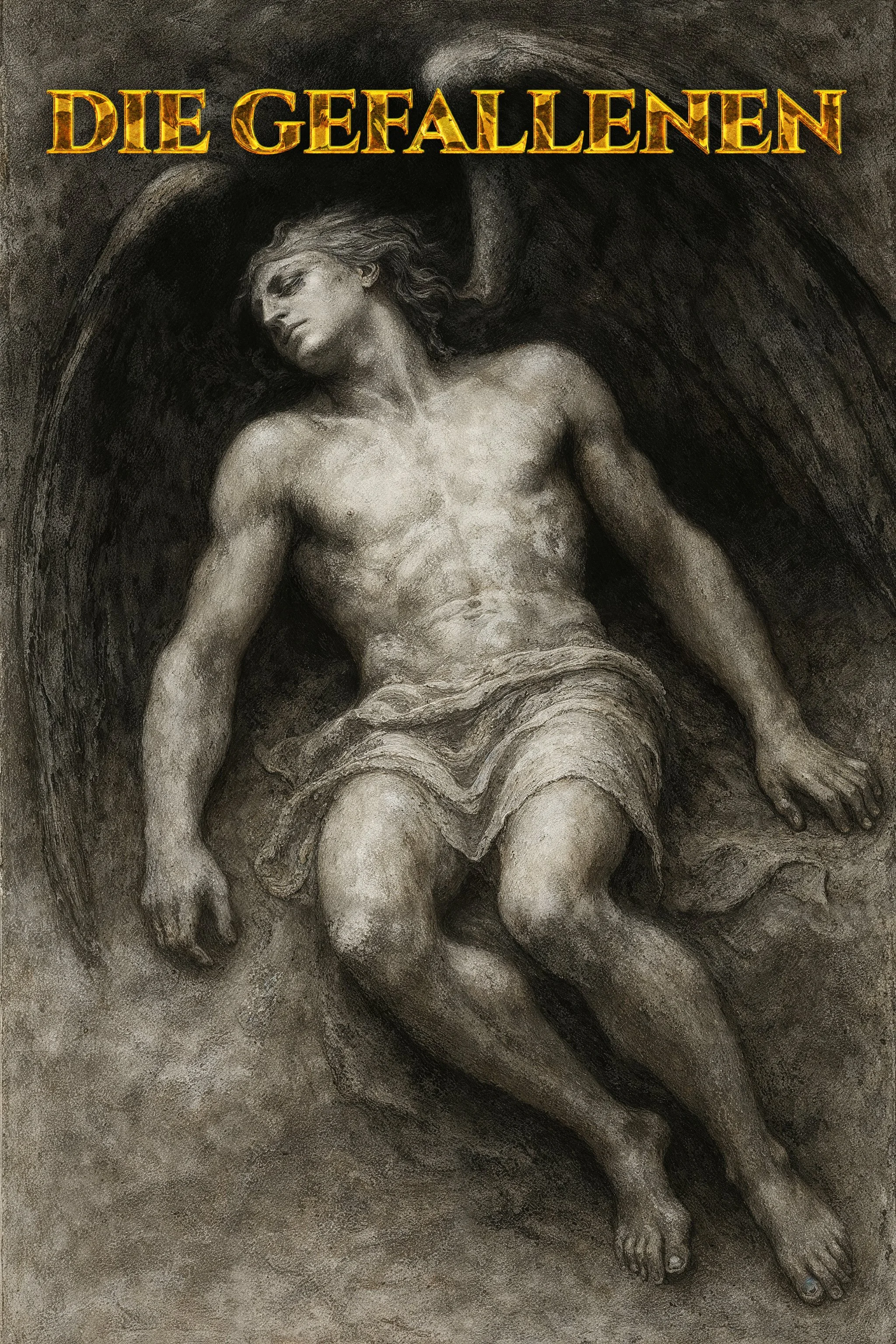 Schwarz-weiß-Darstellung eines toten Körpers, der auf dem Boden liegt, mit einer zerfetzten und zerrissenen Lende, umgeben von Dunkelheit.