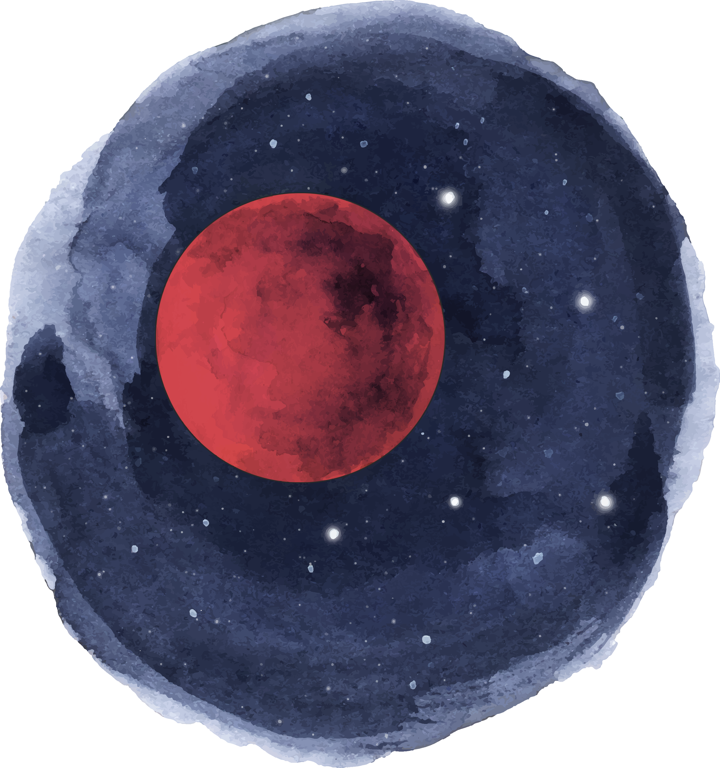 Künstlerische Illustration eines Planeten mit roten und blauen Bereichen, Sternen und Galaxien im Weltall
