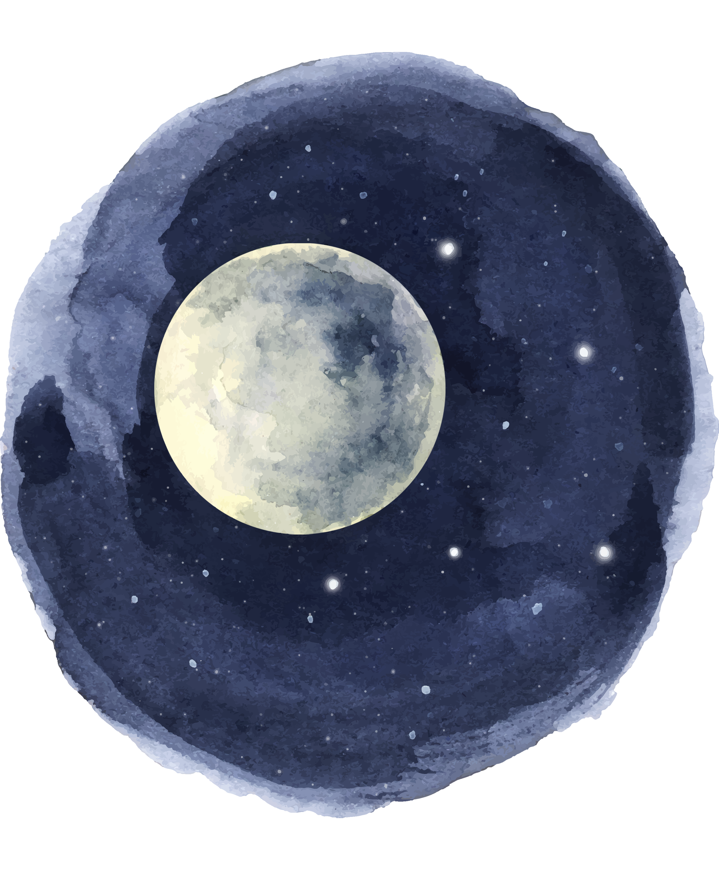 A watercolor painting of a full moon in a starry night sky surrounded by dark clouds.