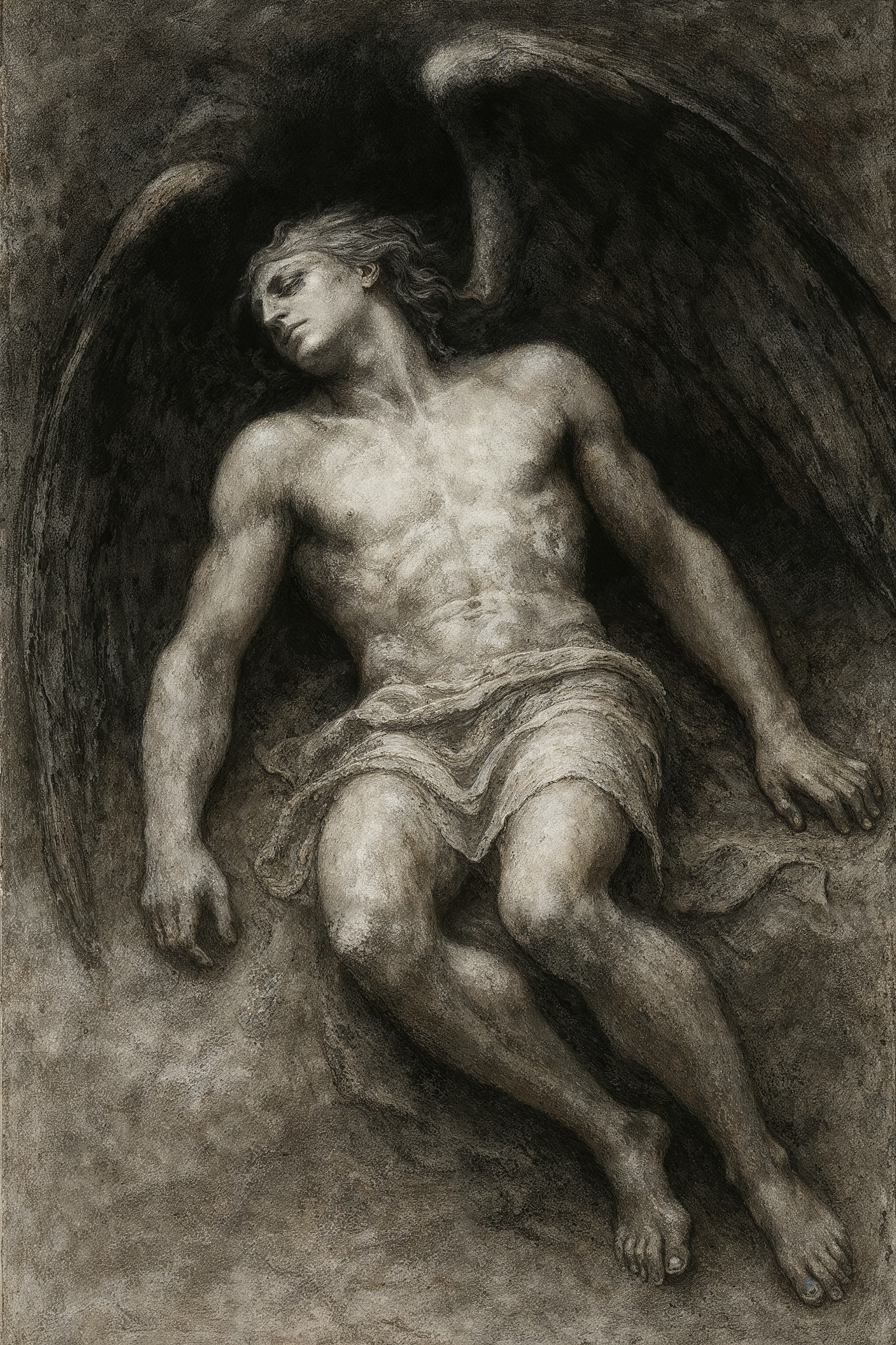 Schwarz-Weiß-Zeichnung eines toten Mannes mit Flügeln, der auf dem Rücken liegt, nackt mit einem Lendentuch, Kopf zur Seite geneigt.