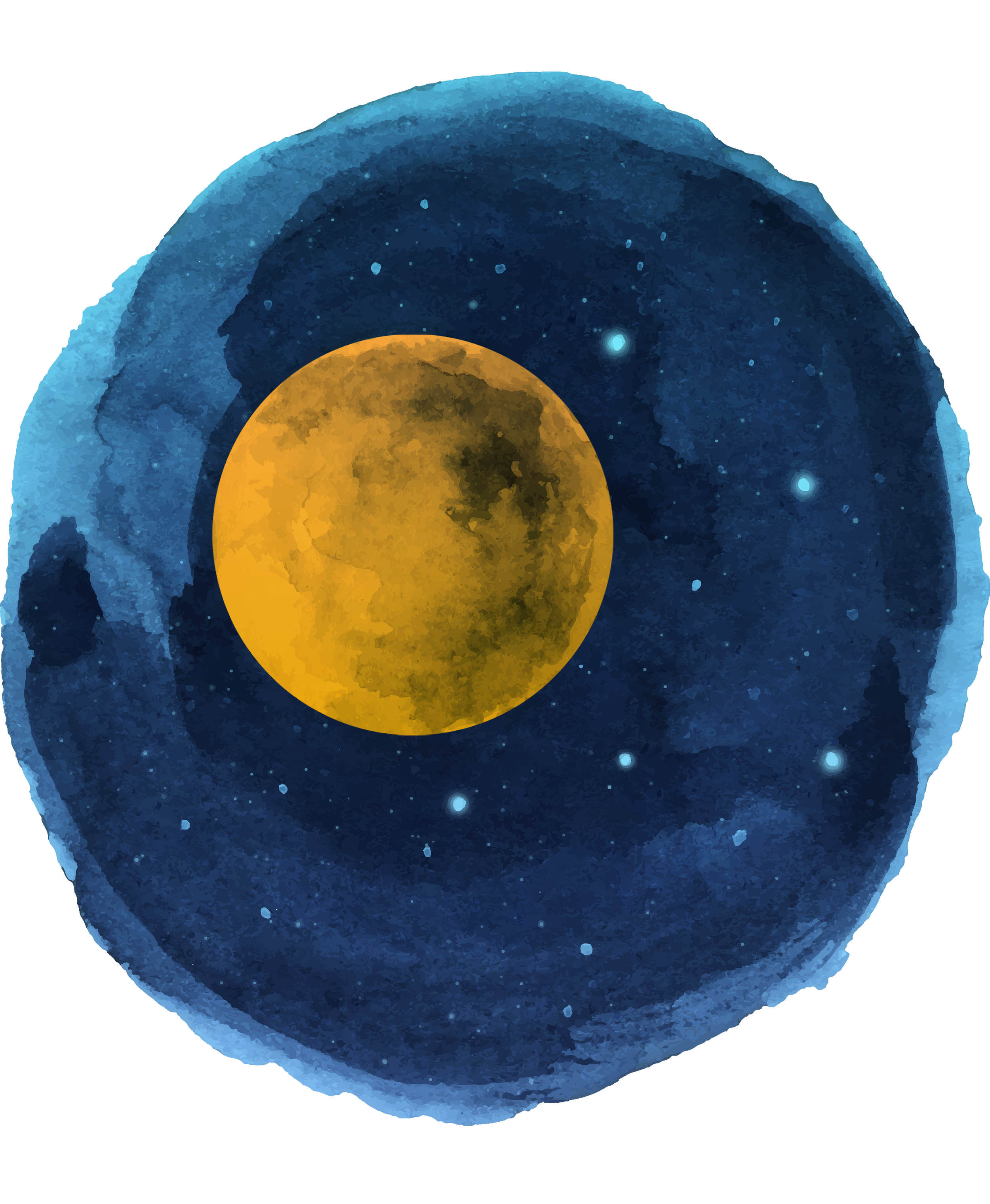 Digitale Wasserfarbenillustration des Mondes vor einem Nachthimmel mit Sternen.