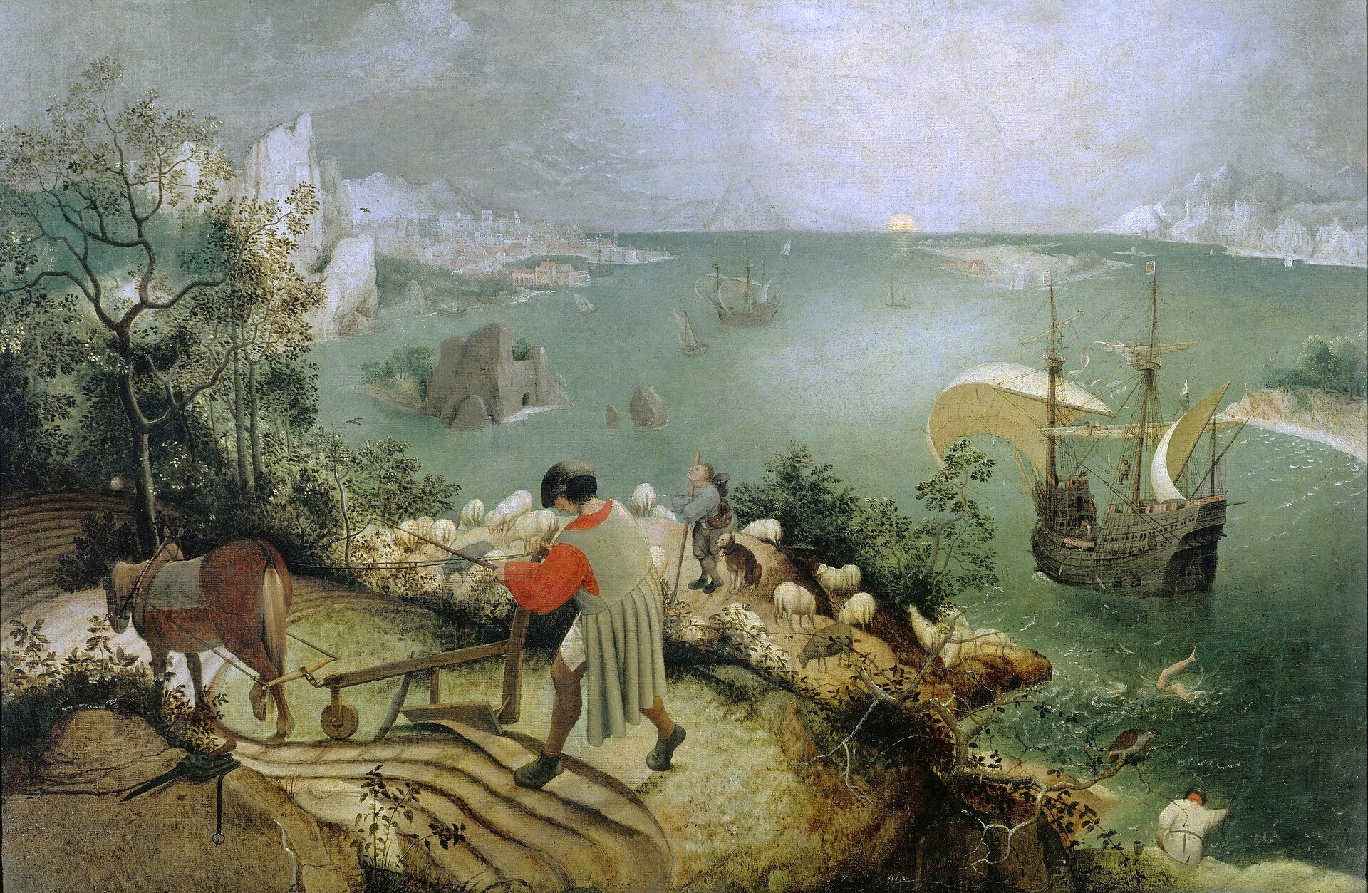 Hauptsächlich eine Landschaft mit Fluss, Schiffe und Menschen. Am unteren Rand erkennt man zwei Menschen, die sich unterhalten, während Schafe im Vordergrund weiden. Im Fluss sind mehrere Segelschiffe, im Hintergrund eine Stadt an der Küste, mit Bergen im Hintergrund und einer aufgehenden Sonne am Horizont.
