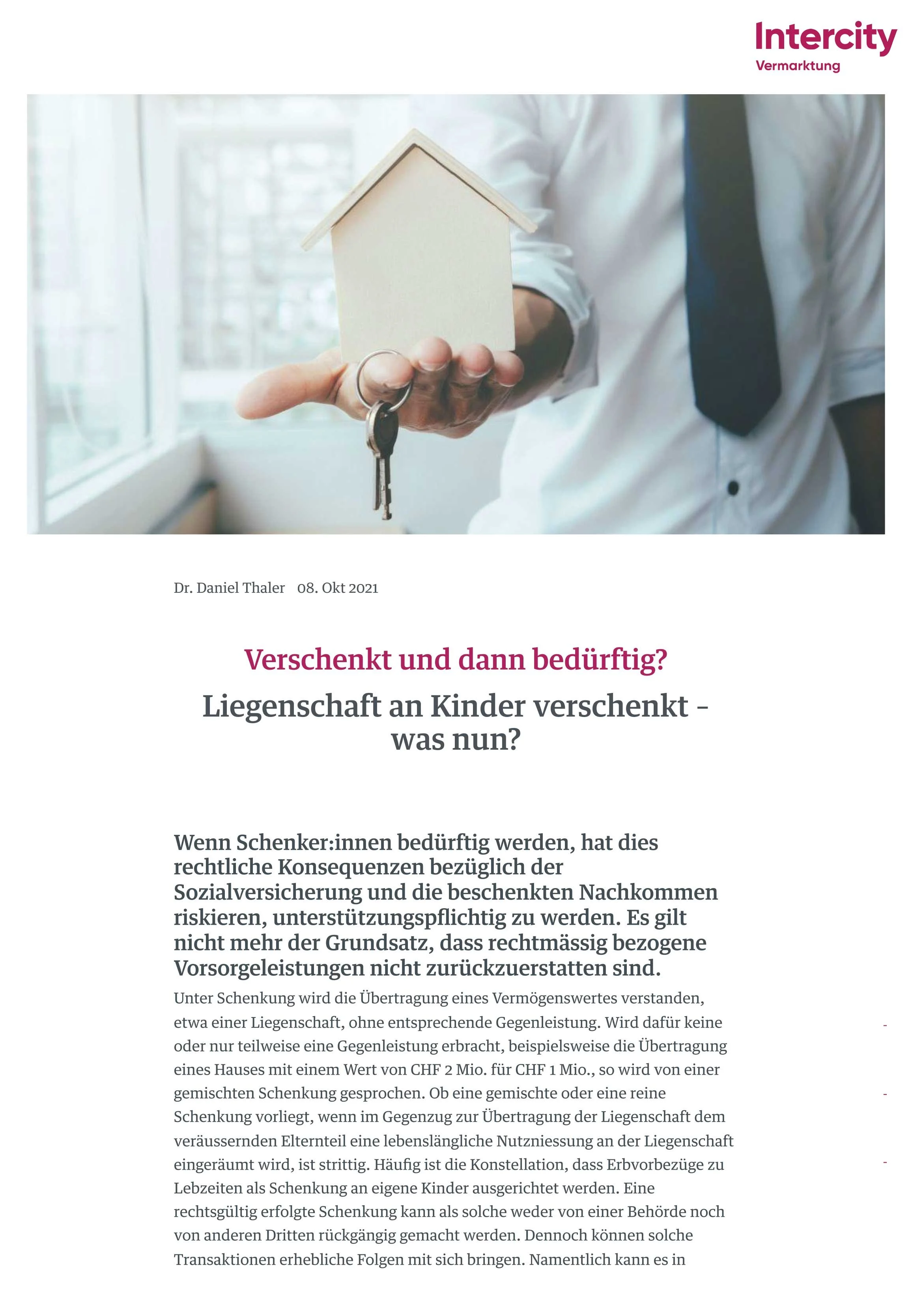 Liegenschaft an Kinder verschenken und dann bedürftig - was nun?, in: Intercity Vermarktung, Immoblog, 08.10.2021