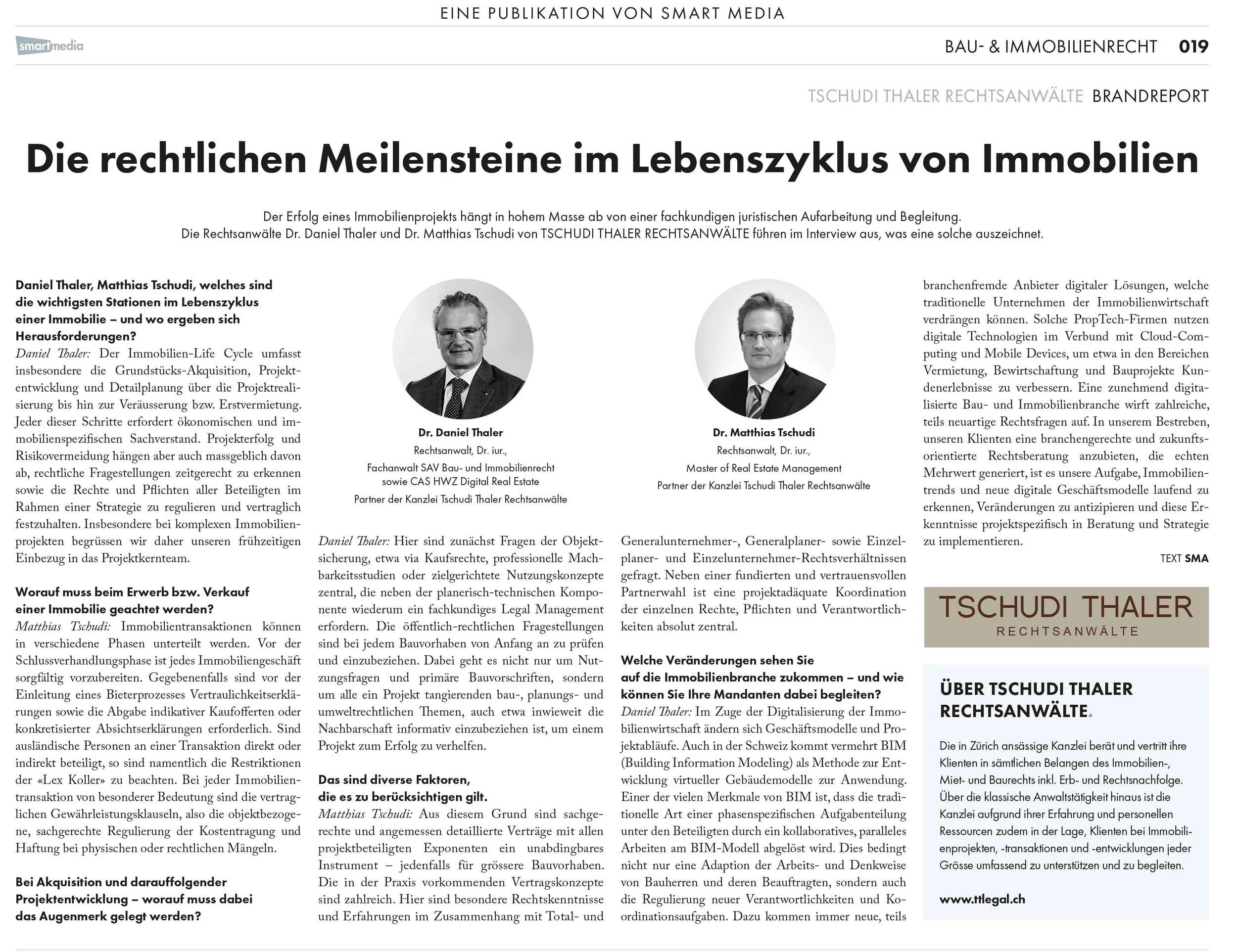 Die rechtlichen Meilensteine im Lebenszyklus von Immobilien, in: FOKUS RECHTSGUIDE 2018, Tages Anzeiger 09.03.2018
