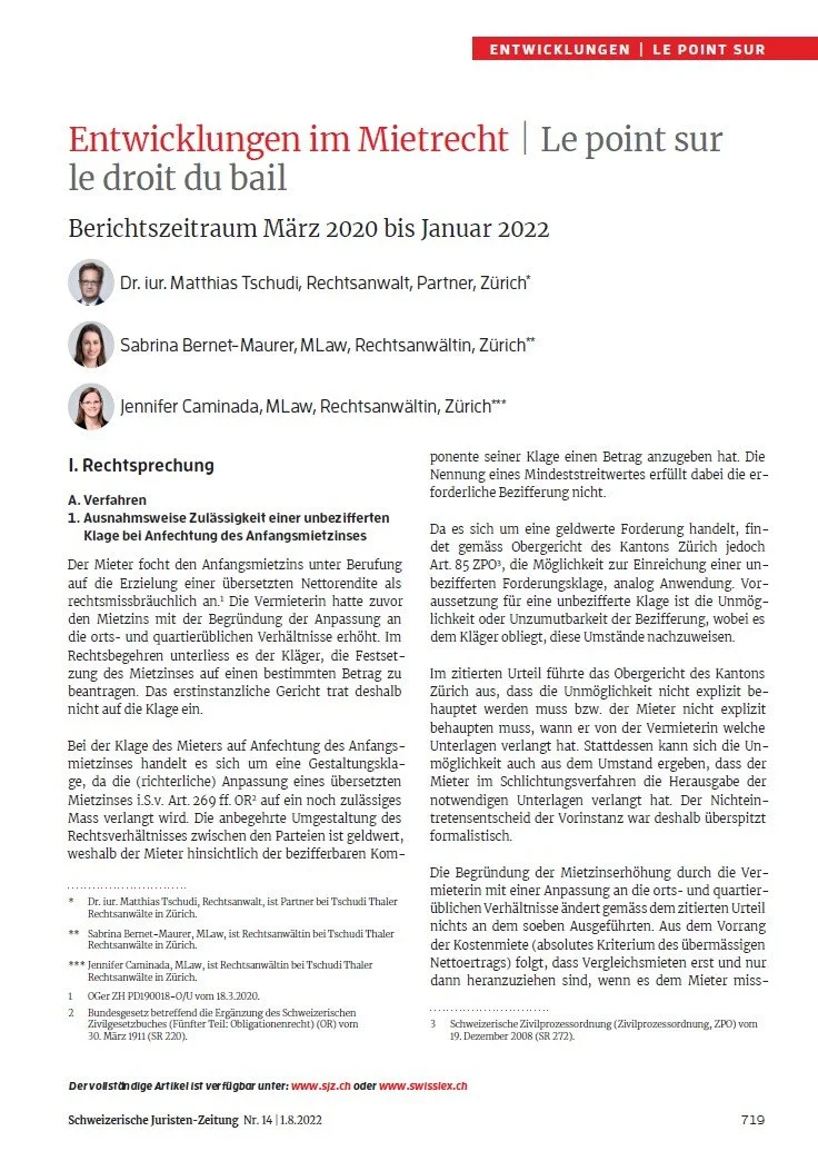 Entwicklungen im Mietrecht, in: SJZ, Nr. 14_01.08.2022, S. 719 ff.
