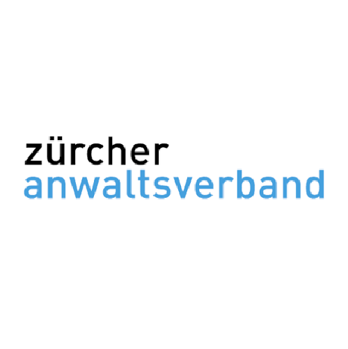 Logo des Zürcher Anwaltverbands mit schwarzem, blauem und weißem Text auf weissem Hintergrund.