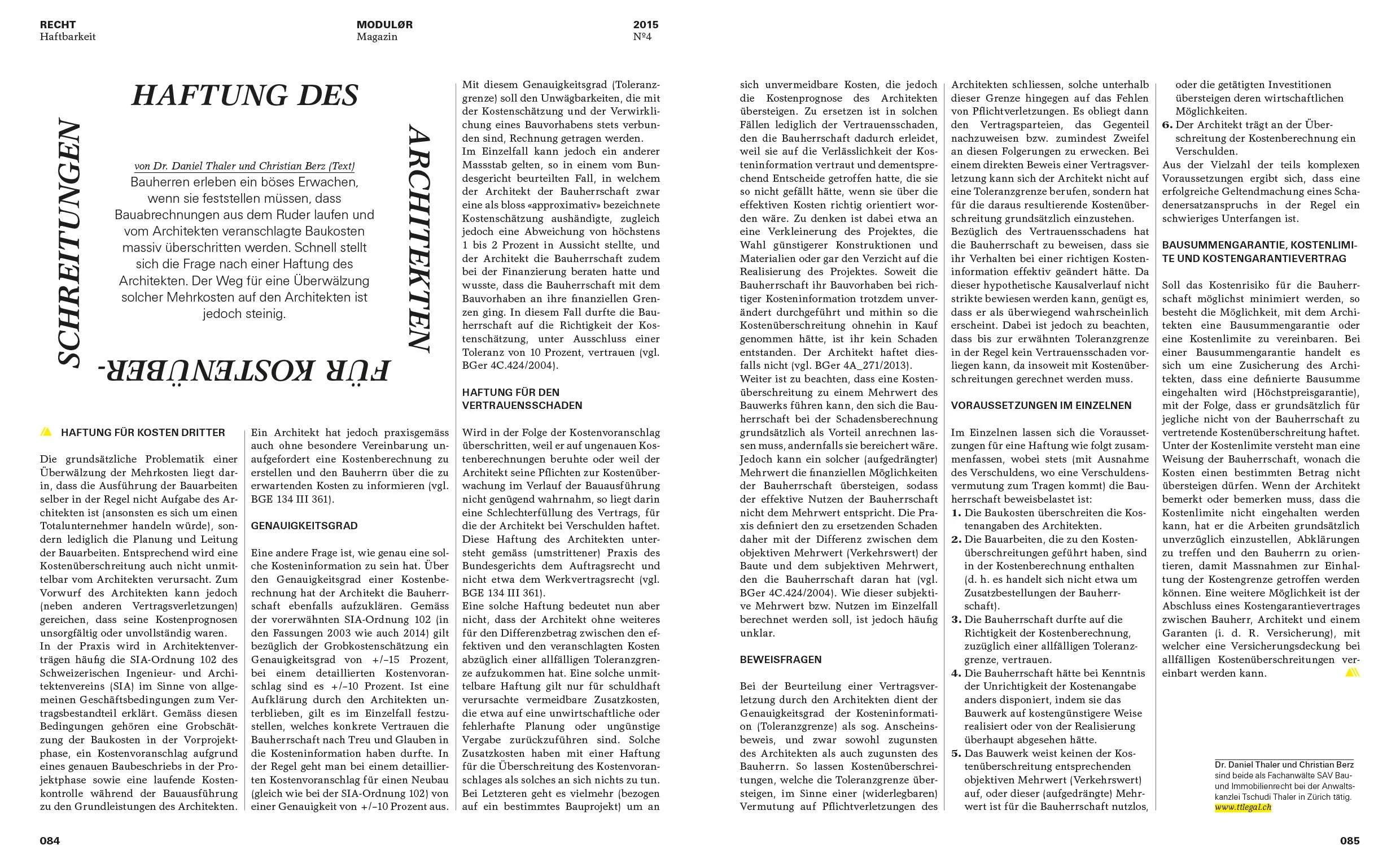 Haftung des Architekten für Kostenüberschreitungen, in: MODULØR 4/2015, 84 f.