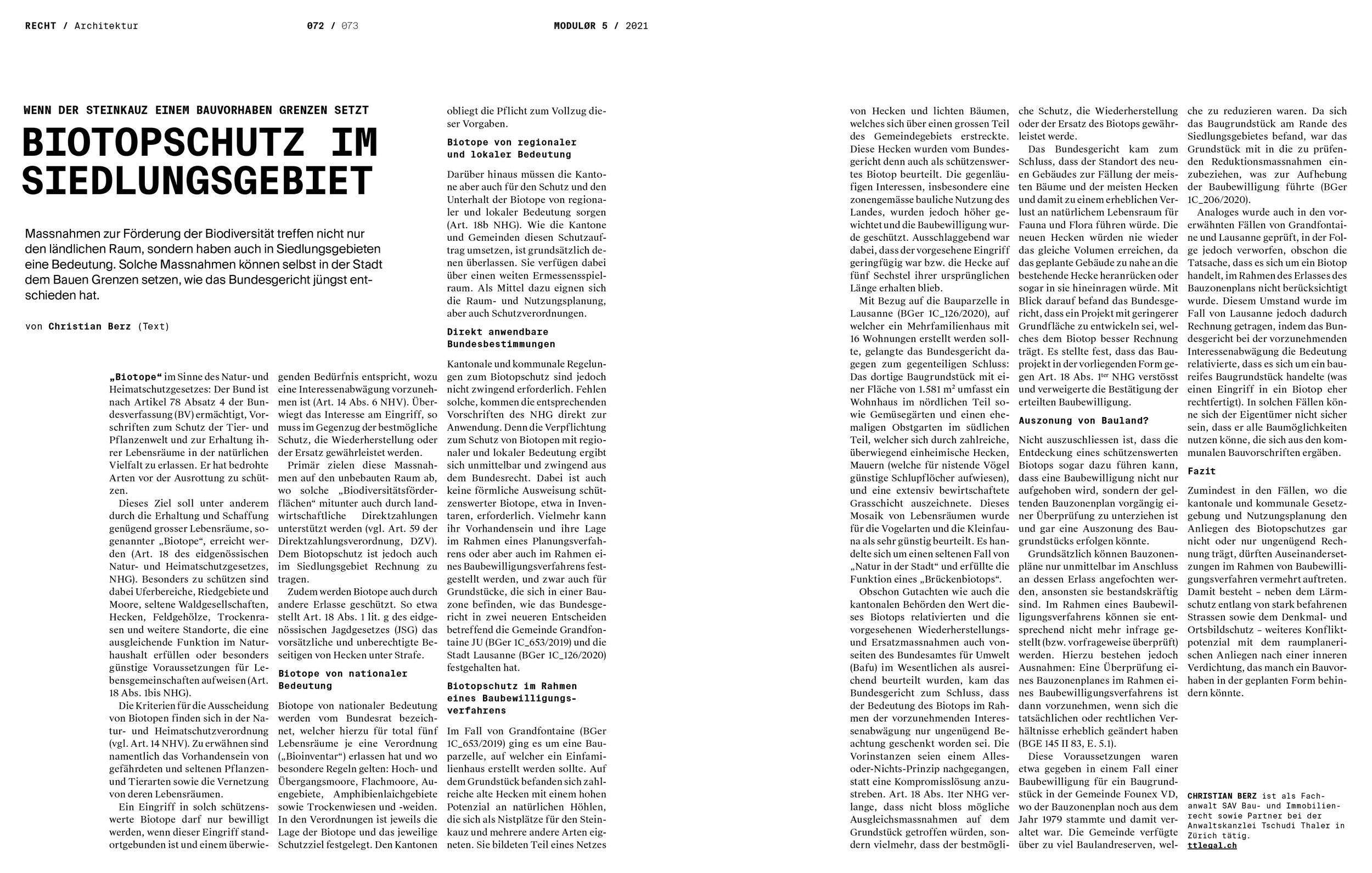 Wenn der Steinkauz einem Bauvorhaben Grenzen setzt, Biotopschutz im Siedlungsgebiet, in: MODULØR 5/2021, S. 72 f.
