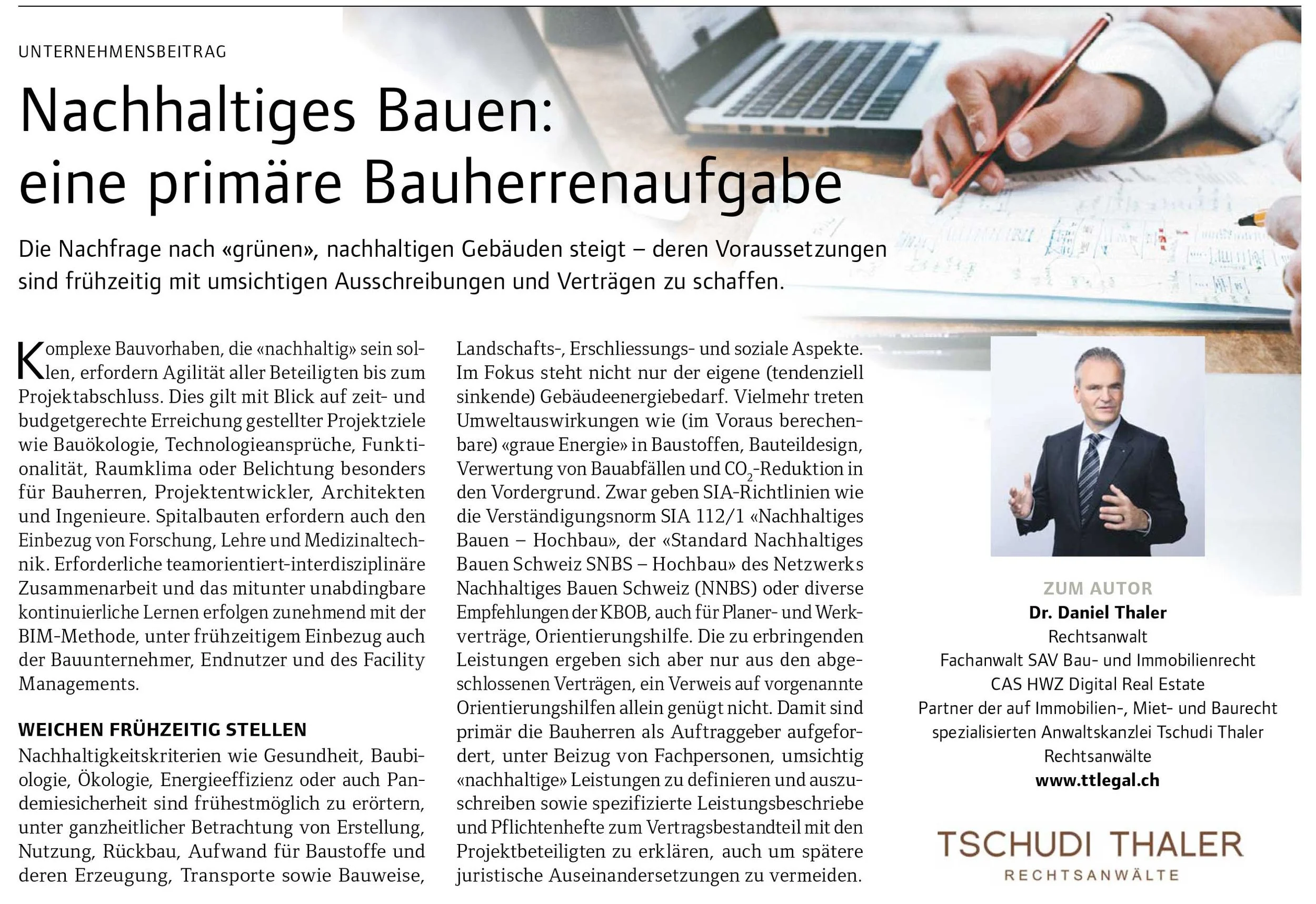 Nachhaltiges Bauen: eine primäre Bauherrenaufgabe, in: MODERNES BAUEN 10/2021, SonntagsZeitung, 31.10.2021