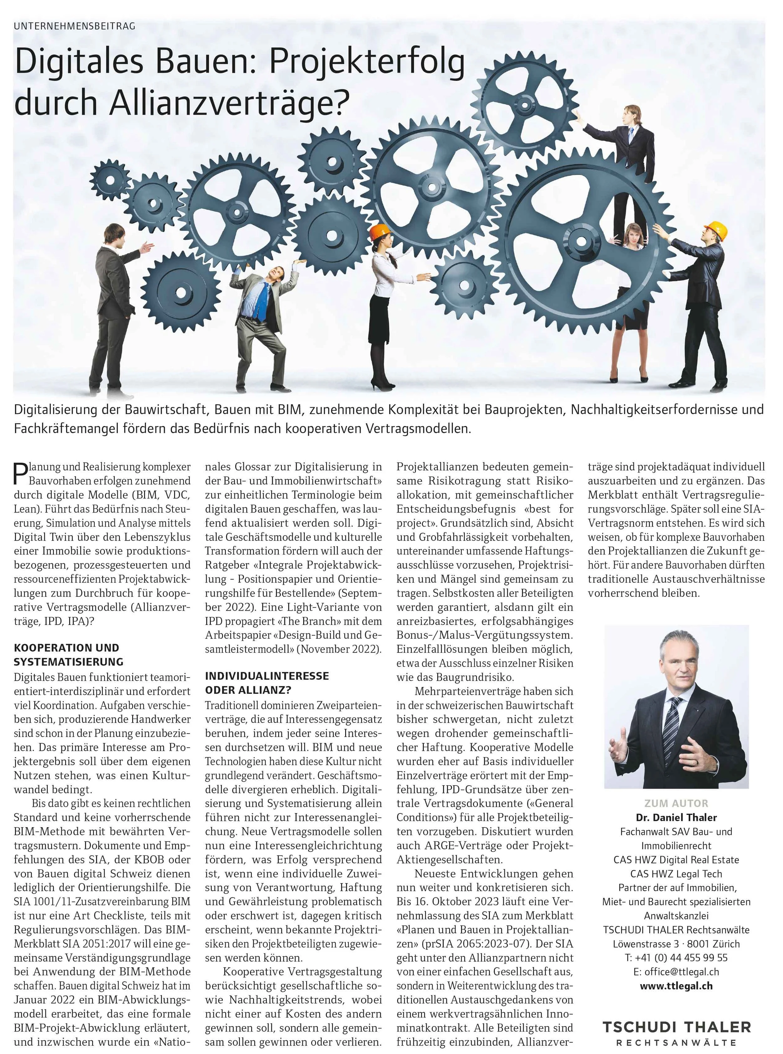 Digitales Bauen: Projekterfolg durch Allianzverträge?, in: FINANZ und WIRTSCHAFT, 16.09.2023, Ratgeber Recht und Steuern, S. 17