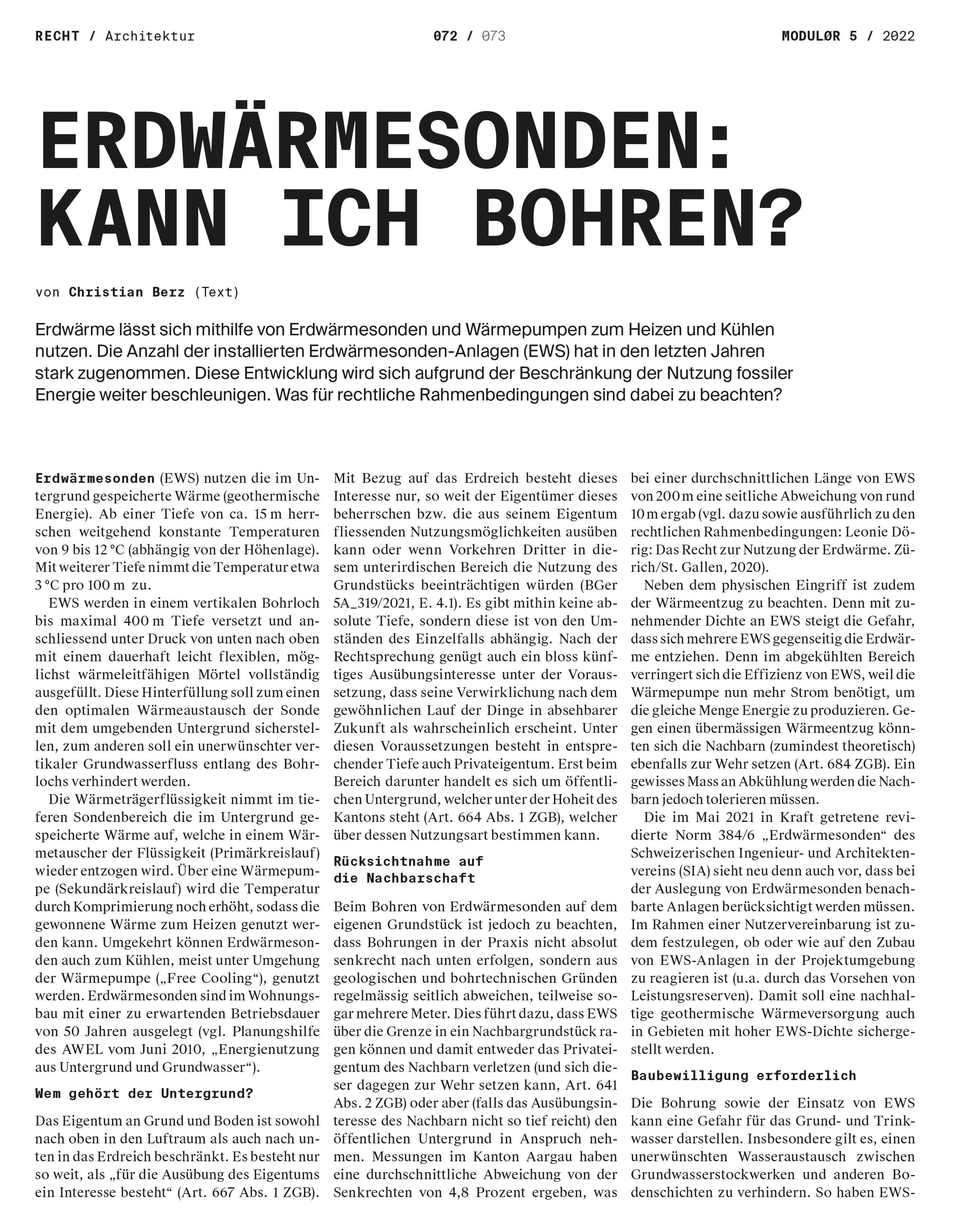 Erdwärmesonden: Kann ich bohren?, in: MODULØR 5/2022, S. 72 ff.