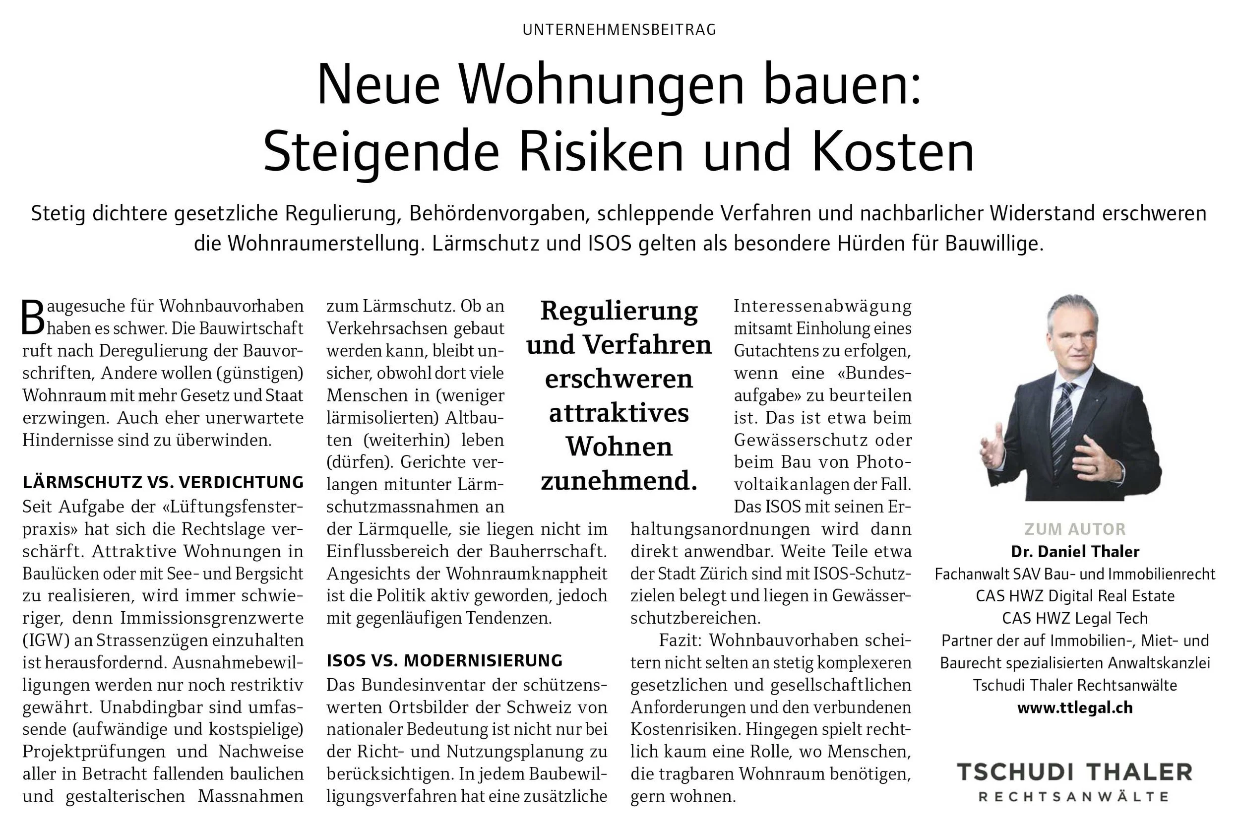 Neue Wohnungen bauen: Steigende Risiken und Kosten, in: FINANZ und WIRTSCHAFT, 28.09.2024, Legal Insights, S. 11