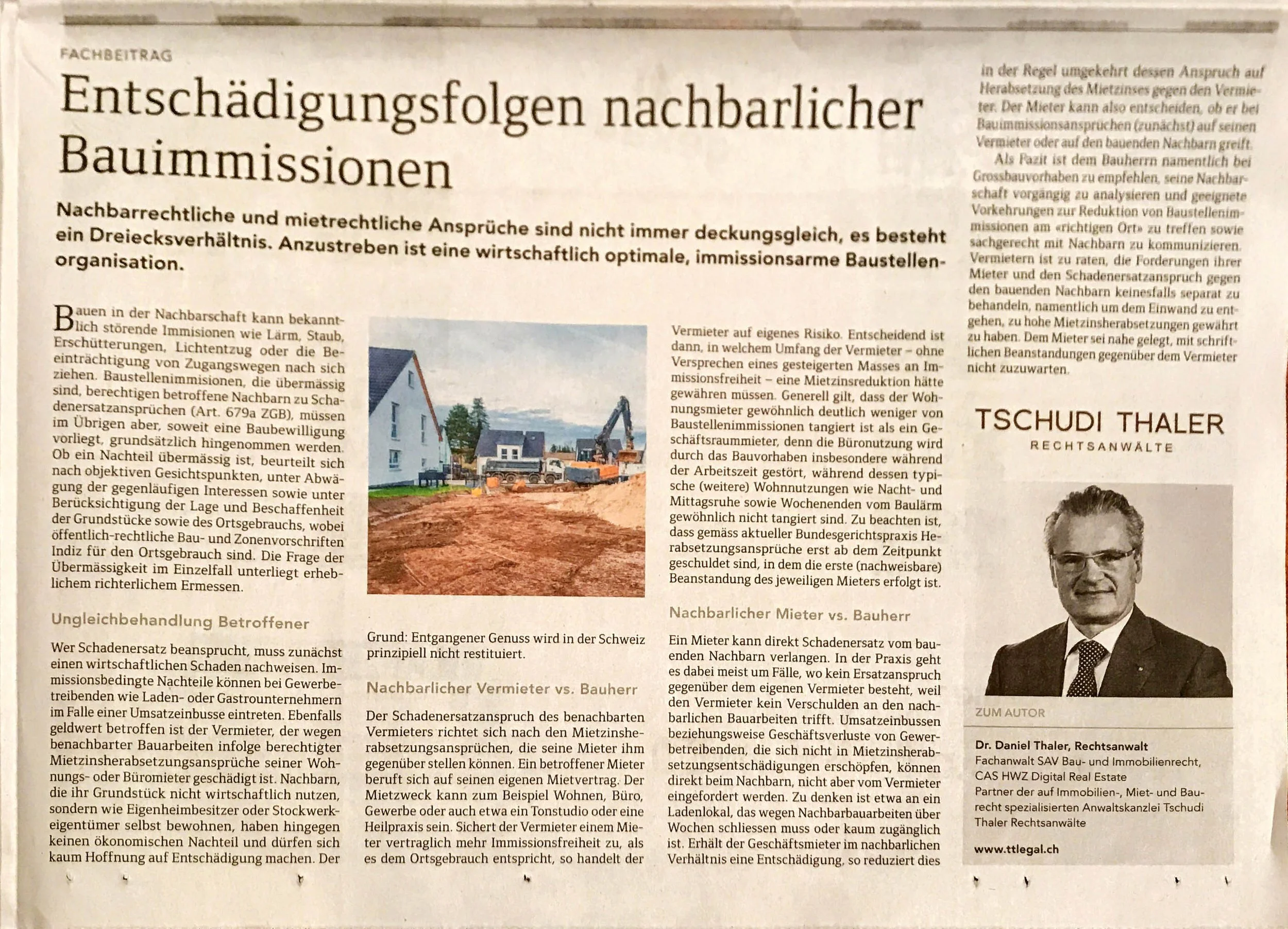 Entschädigungsfolgen nachbarlicher Bauimmissionen, in: Bauen & Wohnen April 2018, Beilage SonntagsZeitung 15.04.2018, S. 11