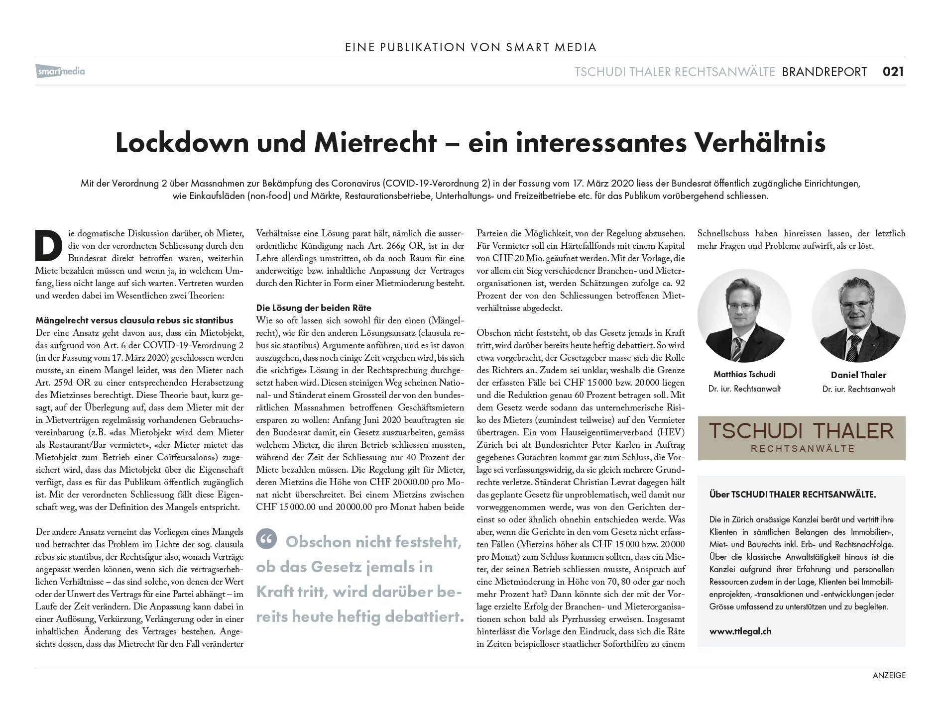 Lockdown und Mietrecht – ein interessantes Verhältnis, in: FOKUS RECHTSGUIDE 2020, Tages Anzeiger 04.09.2020