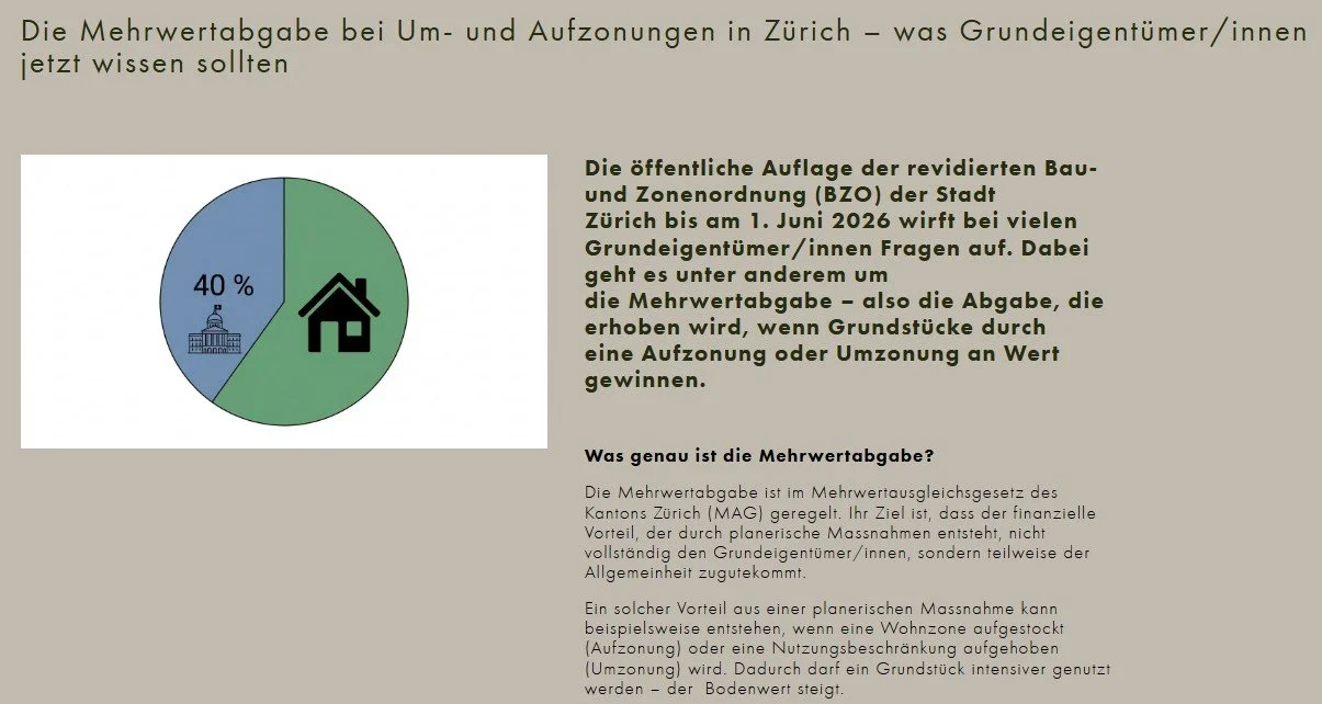 Die Mehrwertabgabe bei Um- und Aufzonungen in Zürich - was Grundeigentümer/innen jetzt wissen sollten. Blogbeitrag Firmenwebsite, 09.04.2026