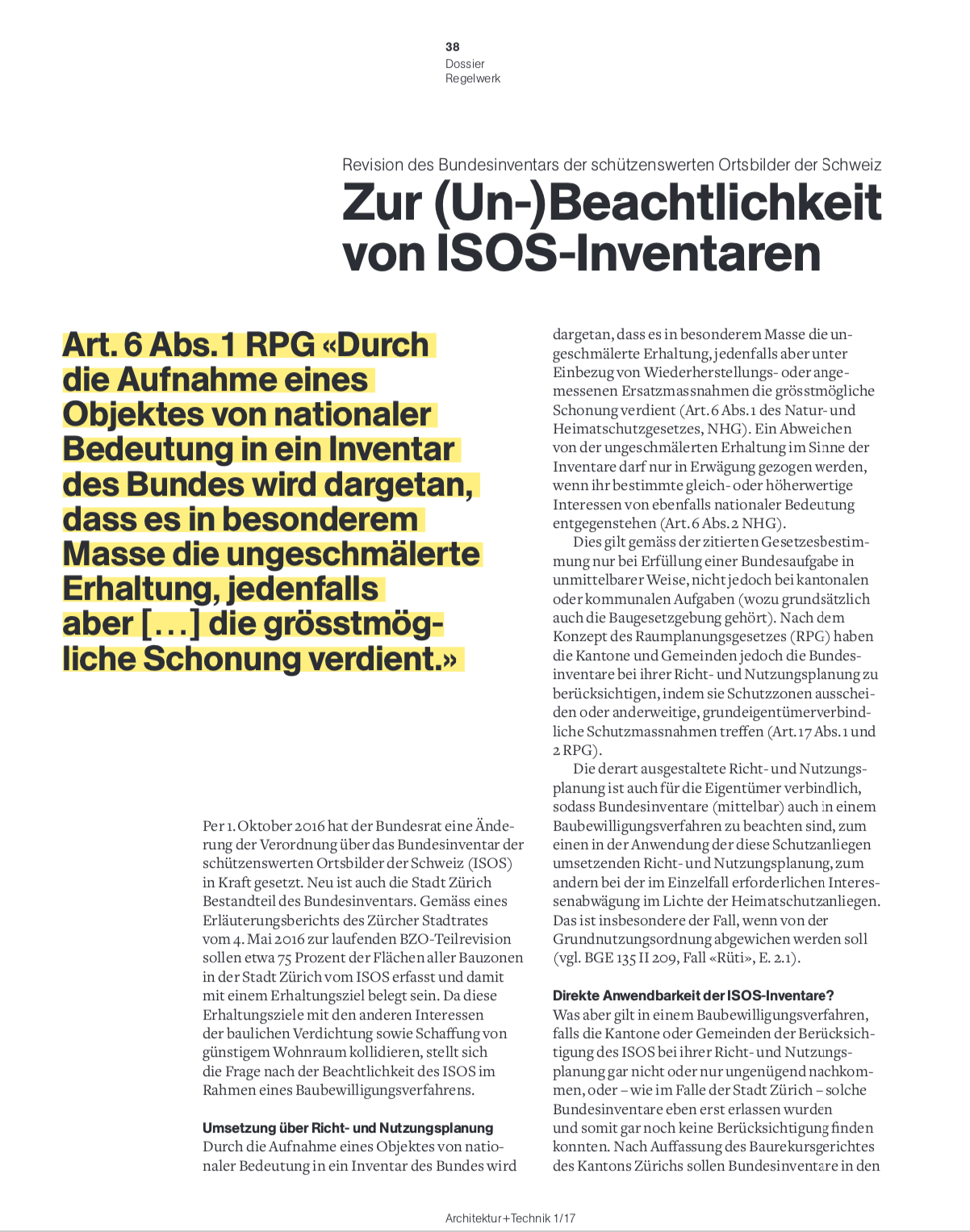 Zur (Un-)Beachtlichkeit von ISOS-Inventaren, in: Architektur+Technik 1/2017, 38 f.