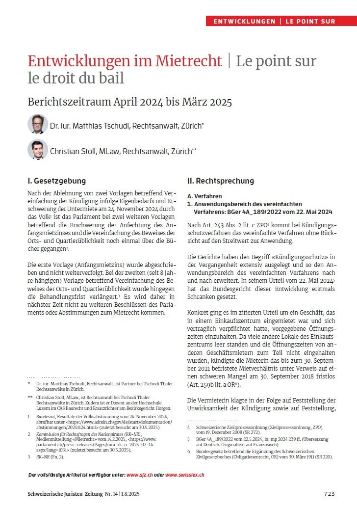 Entwicklungen im Mietrecht, in: SJZ Nr. 14, vom 01.08.2025, S. 723 ff. (mit RA Dr. iur. Matthias Tschudi)