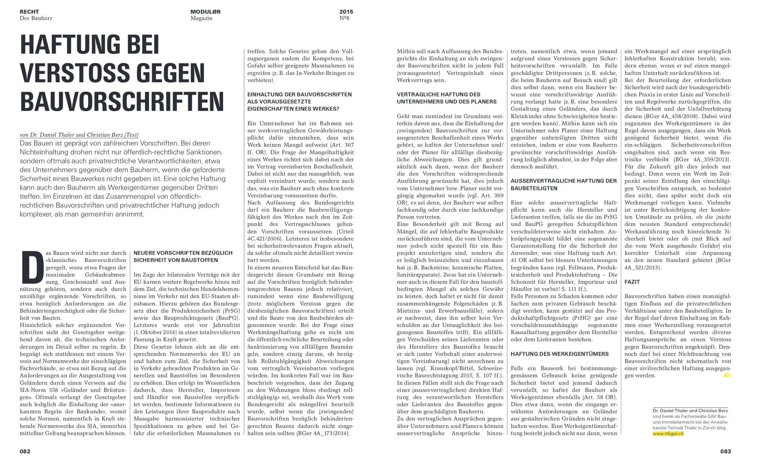 Haftung bei Verstoss gegen Bauvorschriften, in: MODULØR 8/2015, 82 f.